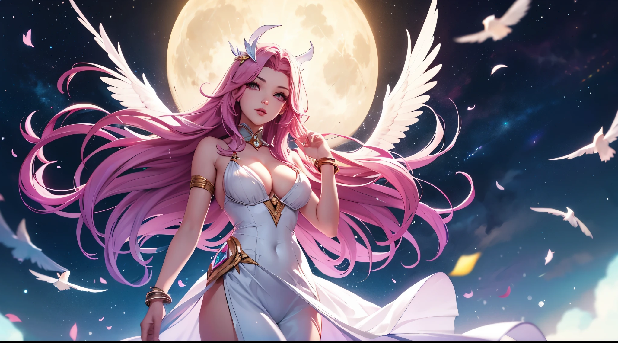 seraphine1, league of legends, pink hair, glowing effects, long hair, cleavage, long white flowing dress, moon in the background, floating in the air, praying