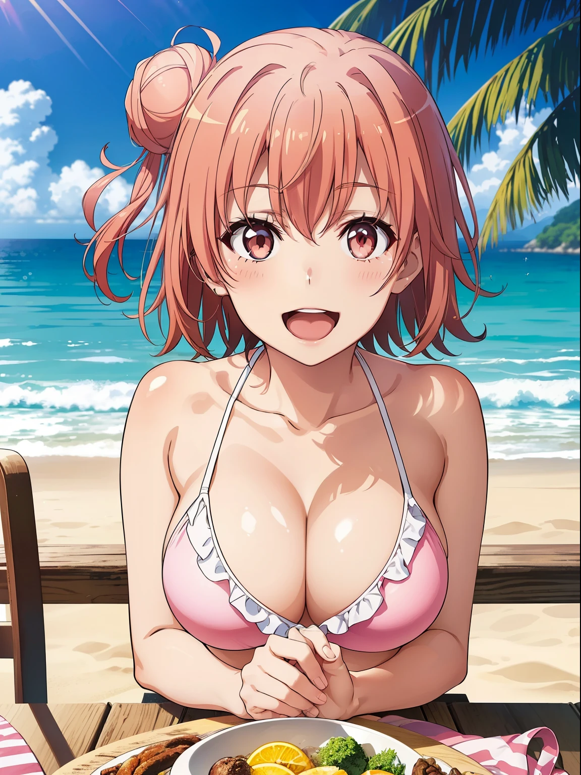 ((table top, highest quality, High resolution,  perfect pixel, Depth of bounds written, 4K)), 1 girl,  beautiful anime girl, beautiful art style, 
close, looking at the viewer, 
perfect body, 

Yuigahama Yui, bun hair, short hair, big breasts, 
Pink Ruffle Bikini,
smile, open mouth,  
beach, sunlight, shade, 
Upper body, 