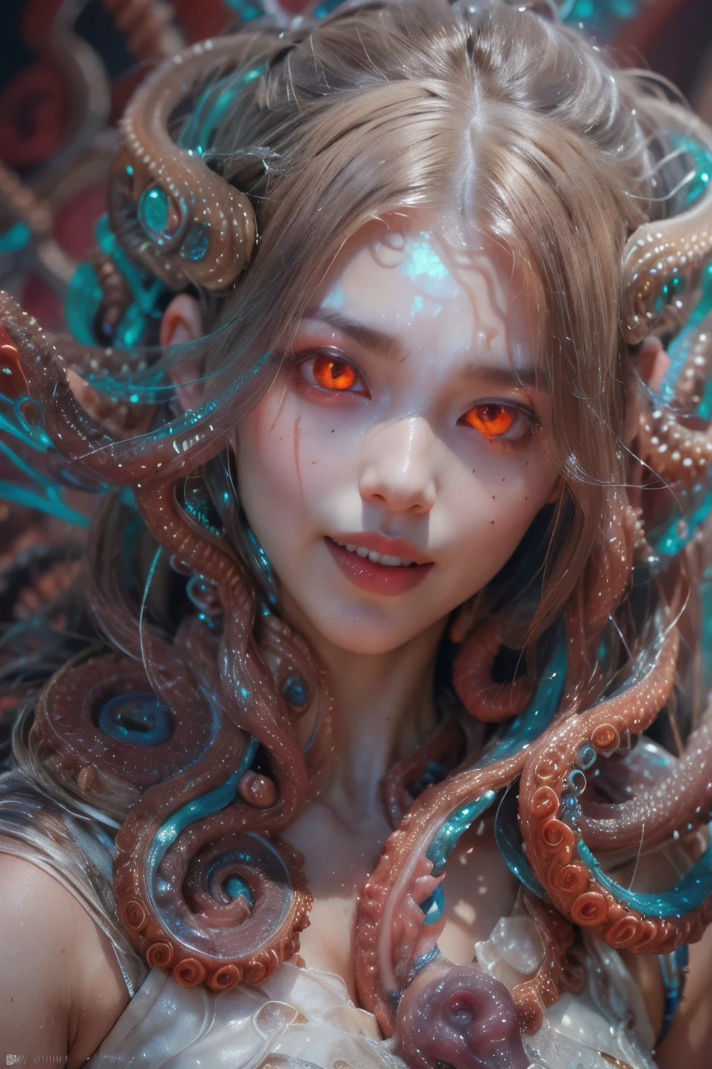 scary and sexy detailed art in color, Portrait, (beautiful and obscene female alien:1.4), (vulgarity1.5), (she has glowing red eyes with no pupils:1.8), (Translucent skin:1.7), ((There is a female genital-like organ in the middle of the forehead:1.9)), (The most beautiful face in the history of the universe:1.2),an evil gaze that seduces, (large mouth:1.1), (sharp teeth like a vampire:1.2), Full body portrait, (bio luminescent:1.5), (Smile wickedly:1.3), (sexypose:1.5), incredibly beautiful matured alien, (she has unparalleled beauty:1.5), No humans, cells are fused, (Lots of translucent tentacles:1.6) extraterrestrial, cell, bio image, best quality, 8K,In 4K_quality, High freshness, Dramatic Lighting, masterpiece:1.5, cinematic quality, detail up, (exquisite details:1.2), high resolution, High freshness, drawing faithfully, (Thick eyebrows:1.2), Beautiful eyes with fine symmetry, (Highly detailed face and eyes:1.2), (Super detailed skin quality feeling:1.1), perfect anatomy, (Beautiful toned body:1.5), (Moist skin:1.2), not wearing makeup, (dark circles:1.1), long canines, cinematic drawing of characters, ultra high quality model, cinematic quality, detail up, (exquisite details:1.2), high resolution, High freshness, drawing faithfully, official art, Unity 8K Wall , 8K Portrait, best quality, Very high resolution, ultra detailed artistic photography, midnight aura, unreal engine 5, Ultra Sharp Focus, art by Amano Yoshitaka, ArtGerm, Roisch, intricate artwork, best quality, masterpiece, ultra high resolution, (photos realistic:1.4), ultra realistic realism, dream-like, nautilus, Creation of fantasy, Dream Snail, (biopunk nautilus:1.3),Thrilling color schemes, ultra realistic realism, seductively smiling, (white tentacles with stripes:1.2), subtle emerald green accents, (expression of ecstasy:1.6) , in the dark, she has snake-like eyes