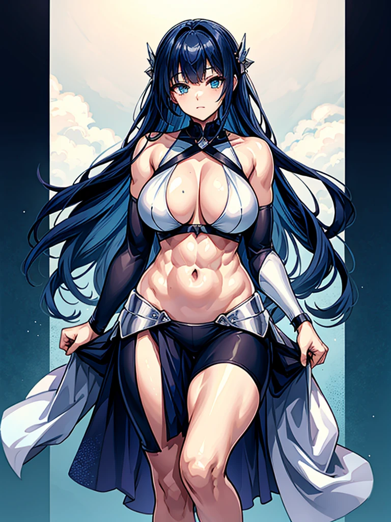 (((masterpiece、Highest image quality、highest quality、highly detailed unity 8kwallpaper)))、((Illustration of one girl))、(((beautiful girl)))、blue hair、stocky build, thickset physique:1.3, muscular legs, broad shoulders, solid chest、(((big breasts)))、white clothes