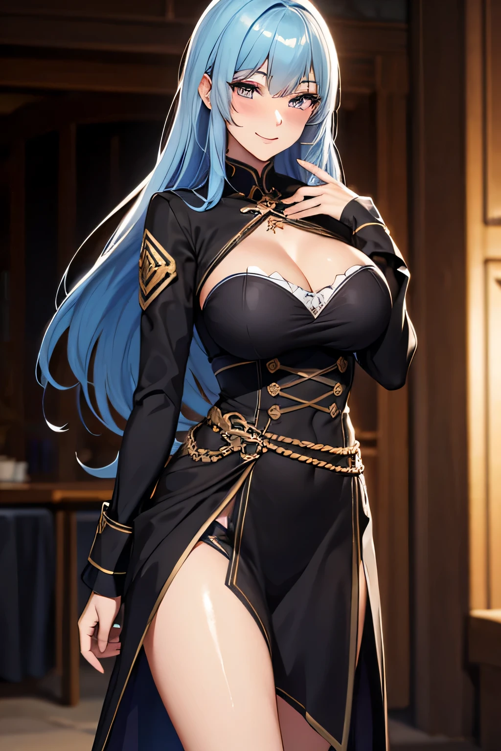 (stylish black cloth:1.5),masterpiece,highest quality, unreal engine, super resolution, very detailed, 1 female,big breasts, waist, thin, (muscular:0.8) ,blue long hair,purple eyes ,(smile,blush:1.3)