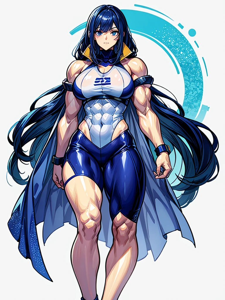 （（（masterpiece、Highest image quality、highest quality、highly detailed unity 8ｋwallpaper）））、（（Illustration of one girl））、（（（beautiful girl）））、blue hair、stocky build, thickset physique：1.3, muscular legs, broad shoulders, solid chest、（（（big breasts）））、white clothes