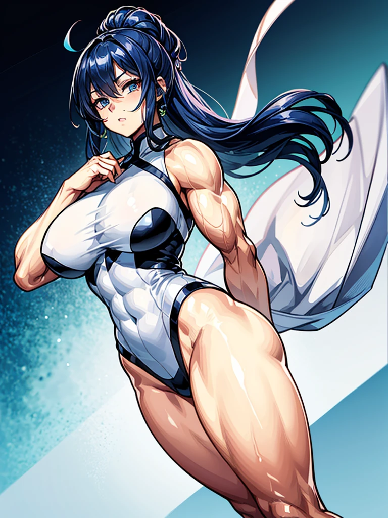(((masterpiece、Highest image quality、highest quality、highly detailed unity 8kwallpaper)))、((Illustration of one girl))、(((beautiful girl)))、blue hair、stocky build, thickset physique:1.3, muscular legs, broad shoulders, solid chest、(((big breasts)))、white clothes