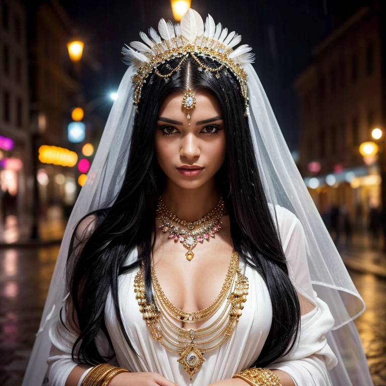 A woman with long black hair and an elaborate headdress adorned with jewels and feathers. She wears a white dress and many necklaces, one of which is a gold and diamond pendant. The image is set in the rain with street lights in the background.