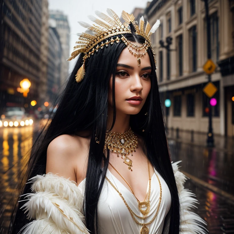 A woman with long black hair and an elaborate headdress adorned with jewels and feathers. She wears a white dress and many necklaces, one of which is a gold and diamond pendant. The image is set in the rain with street lights in the background.