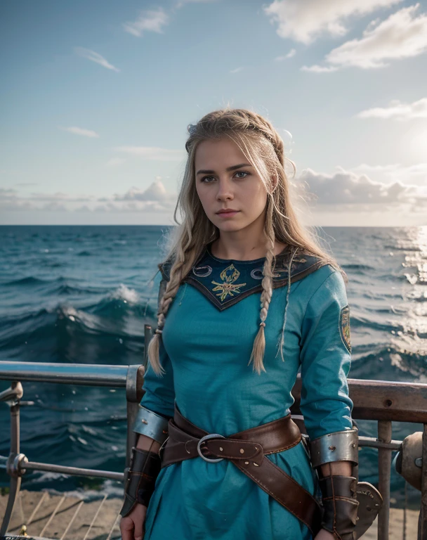 chica vikinga, Vista feroz ,Hacha de batalla en mano derecha, 17 year old Russian girl, cabello rubio arrugado y despeinado, en la orilla del agua ,Against the backdrop of the cold sea and the longship., Vestido con armadura vikinga,Apariencia de combate,pintura de guerra,