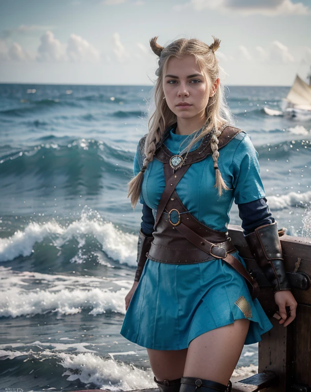 Full Body 25 Year Old Blonde Tan Blonde Blue Eyes Viking Warrior, armada con una espada en la mano derecha y un escudo en la mano izquierda, vestida con ropa de guerrera vikinga y un casco vikingo desembarcando en una playa, gran angular, ultra detallado, detalles intricados, octanaje renderizado, iluminacion volumetrica, golden ratio, motor irreal, imagen en 3D, resolucion 64k. Photographic Style Lens 50mm Aperture F 2.5. Sugerencias: No debe salir: Borroso, feo, ruido, grano, mala anatomia, malas proporciones, mal arte, mal dibujado, cara mal dibukada, mutado, mutilado, morbid, miembros perdidos, miembros extras, miembros flotantes, miembros fusionados, fuera de foco, fuera de cuadro, low res, Cartoon, plastico
