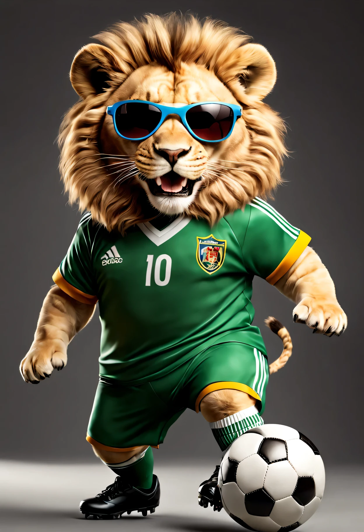 photorealistic portrait of Dressed animals - a fat lion soccer player,( dynamic action pose), high quality,(lovely) ,intricate details, highly detailed ((soccer uniform)) ,highly detailed long tail, wearing sports sunglasses, (happy), studio lighting,(full body image:1.5