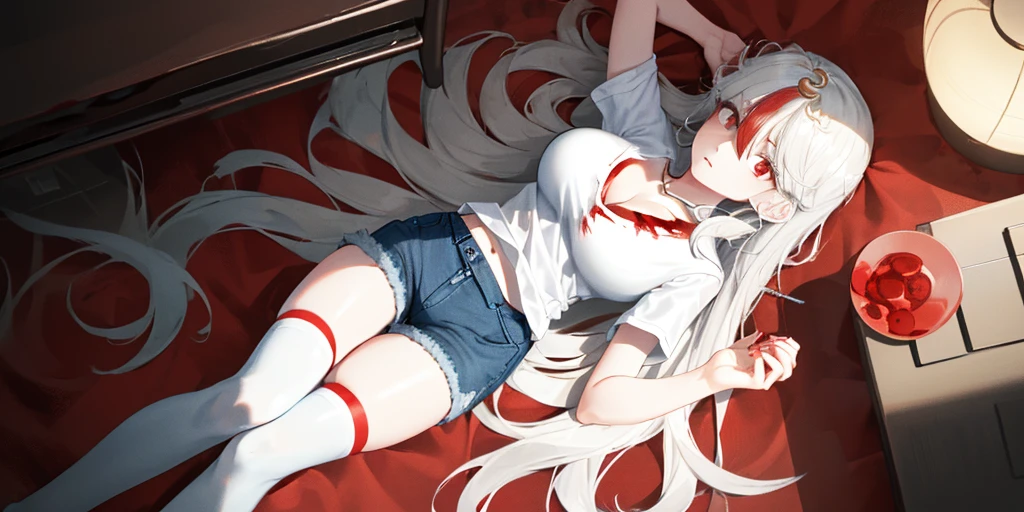 (lying on the ground), Ning Guang, 1 girl, alone, ((white shirt)), black Thighhighs, big breasts, cleavage, uniform, office background, ((Killed)), ((From above)), (cinematic lighting), dutch angle, ((Bloody ground)), ((Bloody Body)), (rape face), (put your hands on the ground), (((horror))), denim shorts, office, hair between eyes, hair ornaments, big breasts, long hair, silver hair, silver short nails, red eyes, alone, Thighhighs, (thick thighs), long legs, very long hair, ((masterpiece)), name tag, id tag, indoor, thin, adult woman