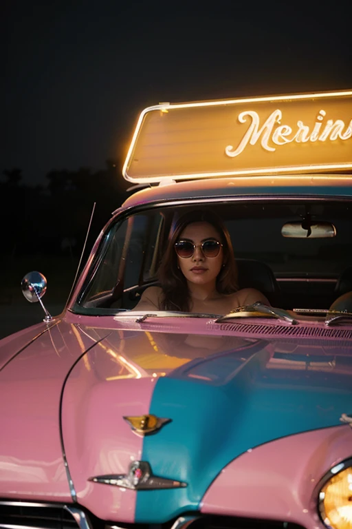 lleno, Foto centrada de un oldismobile 1959 convertible de metal pulido brillante color rosa brillante, la pintura refleja todo lo que la rodea, Estilo cyberpunk, surrounded by colorful neon lights, rueda gruesa, rueda dorada, Detalles dorados, Mujer con gafas de sol conduciendo, neon in car paint, pintura reflectante que refleja todo lo que la rodea, faro detallado, faro muy detallado, as detailed as possible, hyperrealistic as realistic as possible, mejor calidad, CRUDO, obra maestra, super thin photo, mejor calidad, Super high resolution, fotorrealista, luz solar, enmarcando todo el auto en la foto, unbelievably beautiful,, Dynamic poses