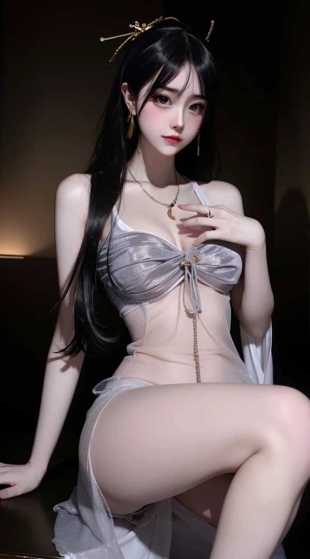 8k, Surreal, masterpiece, 最好of品质, Super detailed, high resolution, random background, 1 girl, (:1.5), Willow Yao, wide hips, knees, night , of, necklace, Ear nipple ring without clothes