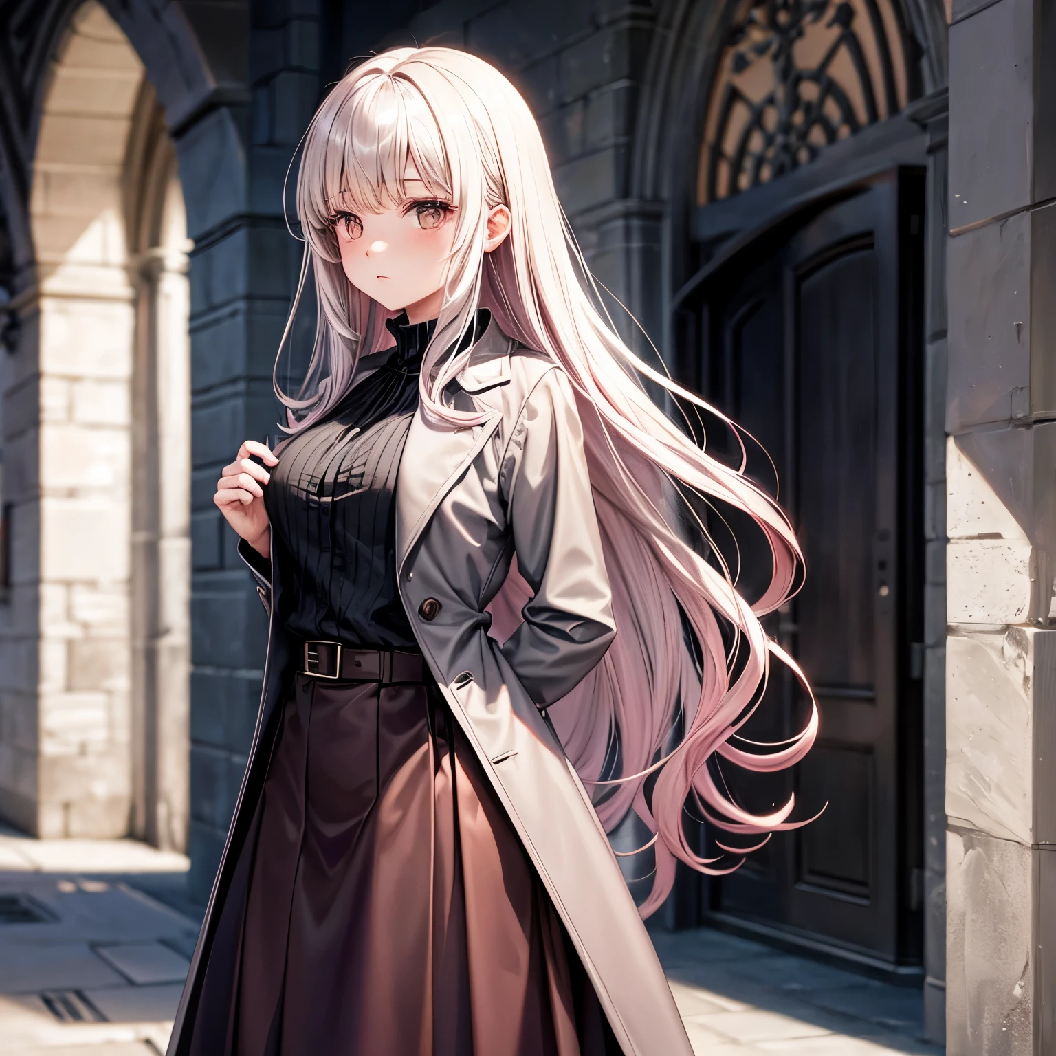 gray coat. Black blouse. black skirt. adult woman. small breasts. Pink brown wavy semi-long hair. cool beauty. Expressionless. Pink-brown eyes. Hogwarts Corridors.