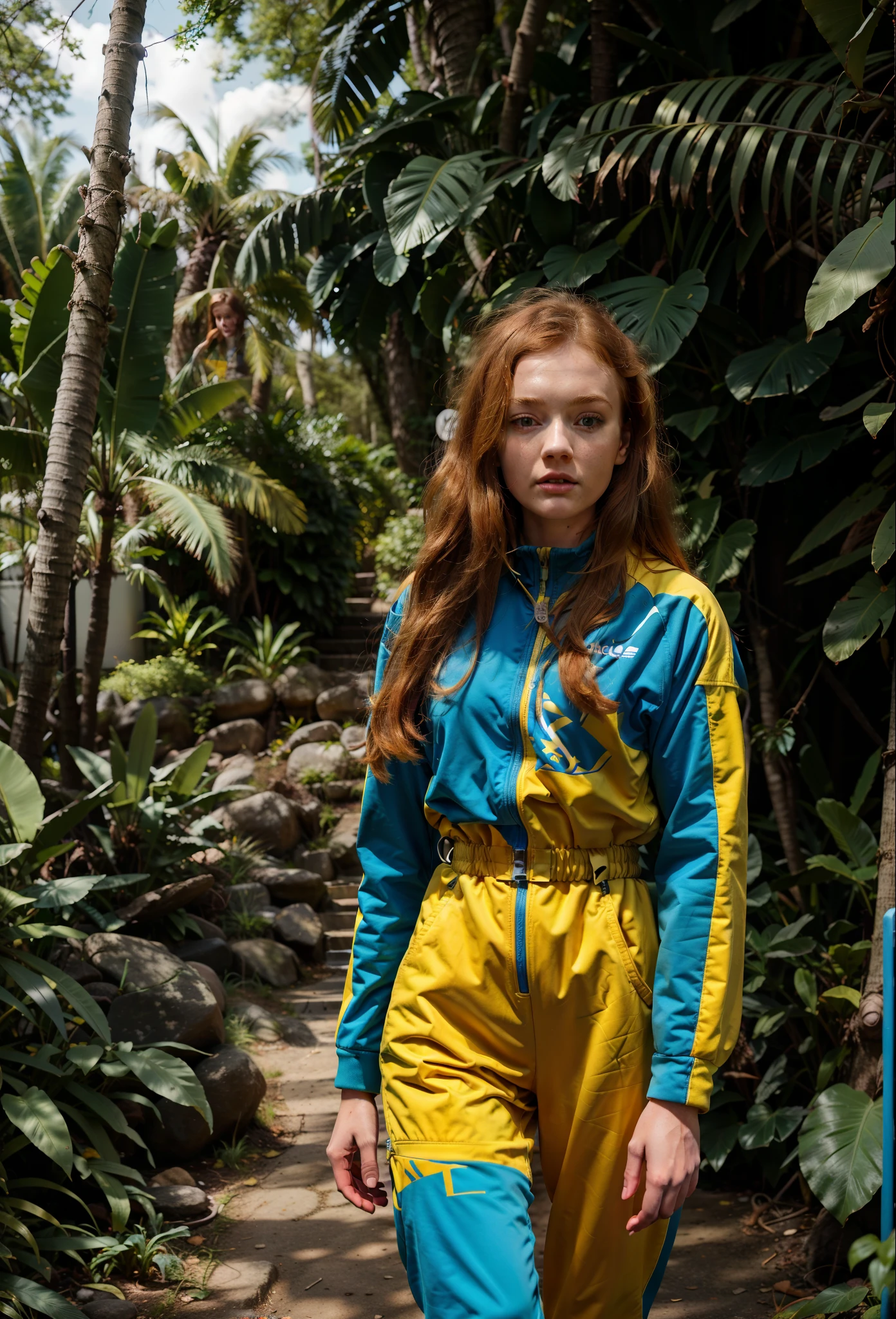 there is a woman in a blue and yellow suit walking down a path, sadie sink, wearing a track suit, with teal clothes, in flight suit, flight suit, chappie in an adidas track suit, wearing flight suit, wearing a tracksuit, teal suit, wearing human air force jumpsuit, ellie bamber fairy, wearing atompunk jumpsuit, portrait shot 8 k