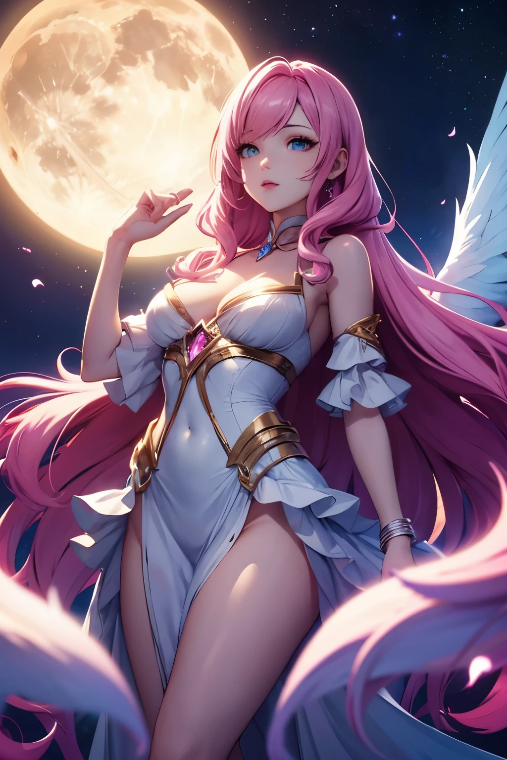 seraphine1, league of legends, pink hair, glowing effects, long hair, cleavage, long white flowing dress, moon in the background, floating in the air, praying