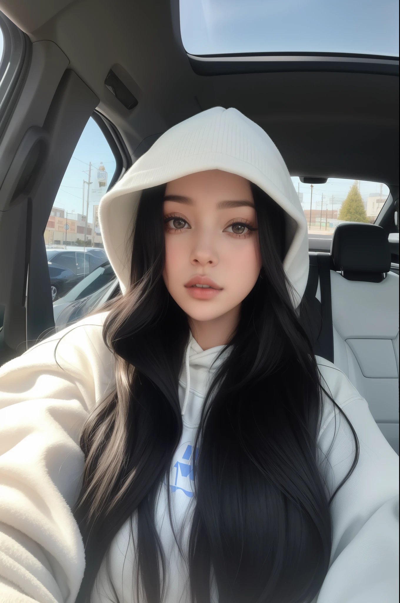 una mujer con cabello largo y negro sentada en un auto con una sudadera con capucha, cerveza madison, ava max, bella poarch, sentada en su auto, en una capucha, black haired chica con sudadera con capucha, Kylie Jenner, chica con sudadera con capucha, modelo de instagram, en una capuchaie, Retrato de Sophie Mudd, wearing an oversized hoodie, hermosa imagen, :: cerveza madison, Apariencia guay