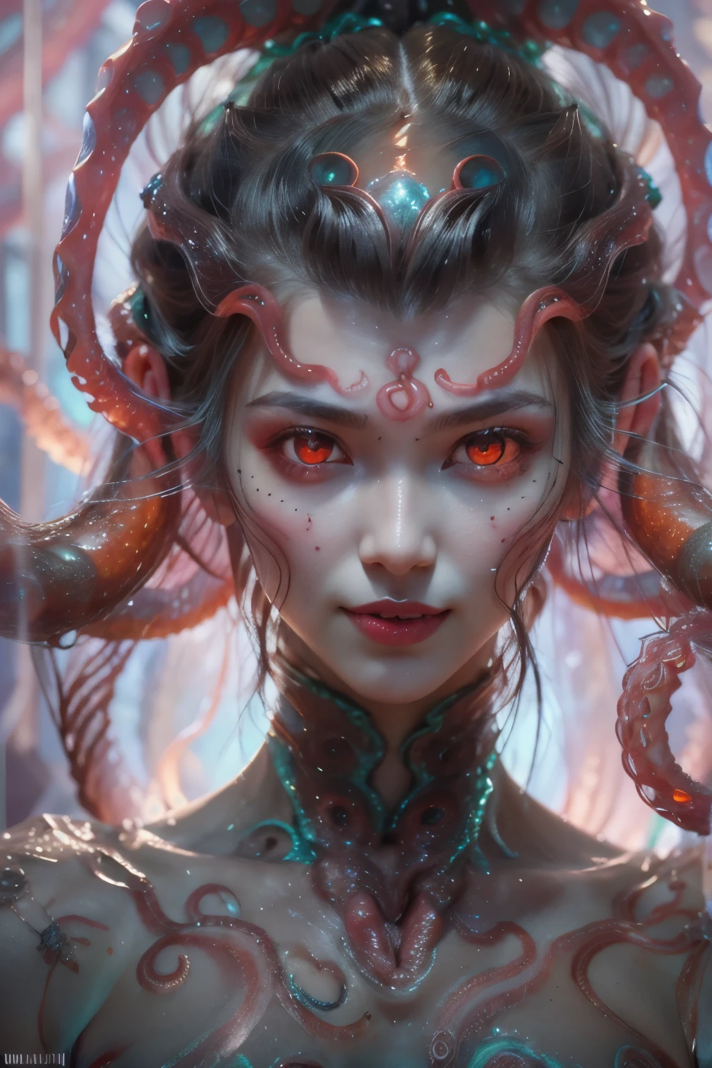 scary and sexy detailed art in color, Portrait, (beautiful and obscene female alien:1.4), (vulgarity1.5), (she has glowing red eyes with no pupils:1.8), (Translucent skin:1.7), ((There is a female genital-like organ in the middle of the forehead:1.9)), (The most beautiful face in the history of the universe:1.2),an evil gaze that seduces, (large mouth:1.1), (sharp teeth like a vampire:1.2), Full body portrait, (bio luminescent:1.5), (Smile wickedly:1.3), (sexypose:1.5), incredibly beautiful matured alien, (she has unparalleled beauty:1.5), No humans, cells are fused, (Lots of translucent tentacles:1.6) extraterrestrial, cell, bio image, best quality, 8K,In 4K_quality, High freshness, Dramatic Lighting, masterpiece:1.5, cinematic quality, detail up, (exquisite details:1.2), high resolution, High freshness, drawing faithfully, (Thick eyebrows:1.2), Beautiful eyes with fine symmetry, (Highly detailed face and eyes:1.2), (Super detailed skin quality feeling:1.1), perfect ???????, (Beautiful toned body:1.5), (Moist skin:1.2), not wearing makeup, (dark circles:1.1), long canines, cinematic drawing of characters, ultra high quality model, cinematic quality, detail up, (exquisite details:1.2), high resolution, High freshness, drawing faithfully, official art, Unity 8K Wall , 8K Portrait, best quality, Very high resolution, ultra detailed artistic photography, midnight aura, unreal engine 5, Ultra Sharp Focus, art by Amano Yoshitaka, ArtGerm, Roisch, intricate artwork, best quality, masterpiece, ultra high resolution, (photos realistic:1.4), ultra realistic realism, dream-like, nautilus, Creation of fantasy, Dream Snail, (biopunk nautilus:1.3),Thrilling color schemes, ultra realistic realism, seductively smiling, (white tentacles with stripes:1.2), subtle emerald green accents, (expression of ecstasy:1.6) , in the dark, she has snake-like eyes