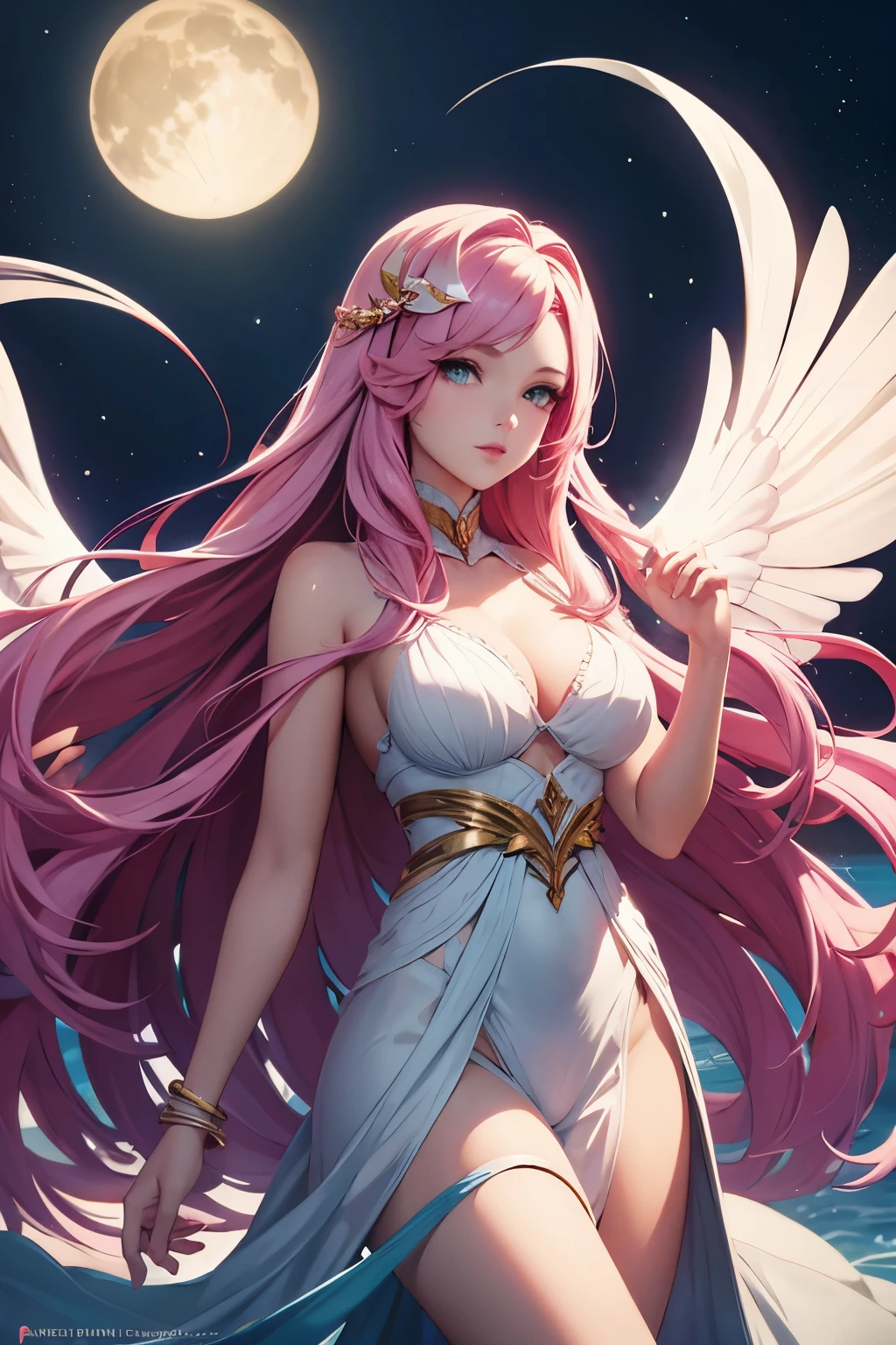 seraphine1, league of legends, pink hair, glowing effects, long hair, cleavage, long white flowing dress, moon in the background, floating in the air, praying