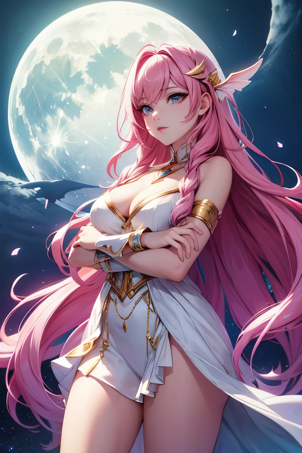 seraphine1, league of legends, pink hair, glowing effects, long hair, cleavage, long white flowing dress, moon in the background, floating in the air, praying