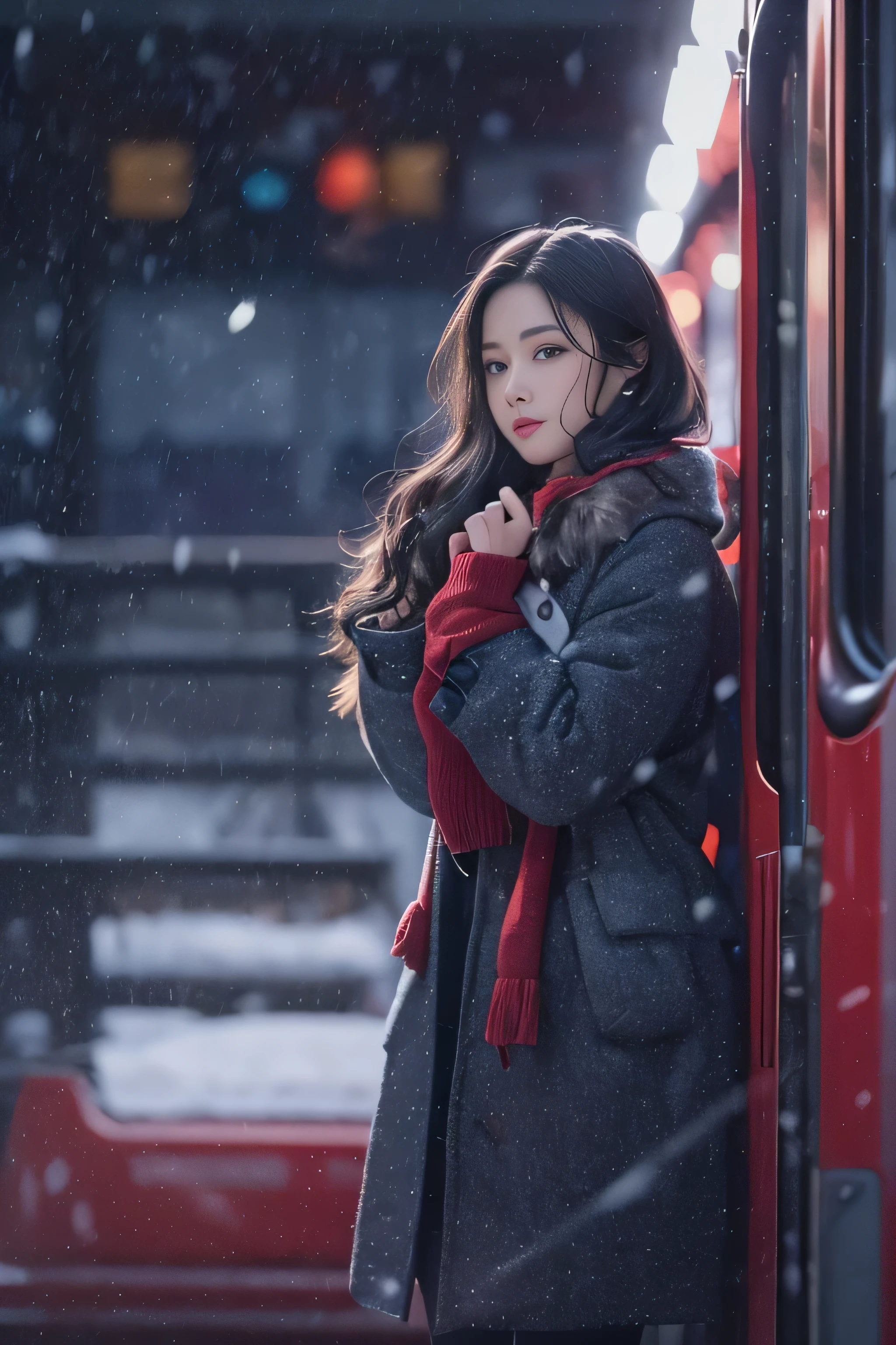 1 female、Early 20s、(A beautiful woman with a strong will)、(super beautiful face)、(detailed face)、wearing makeup、wavy black hair、snowy night、red duffel coat, Standing on the platform of a metropolitan station、The background is a stopped train、shallow depth of field