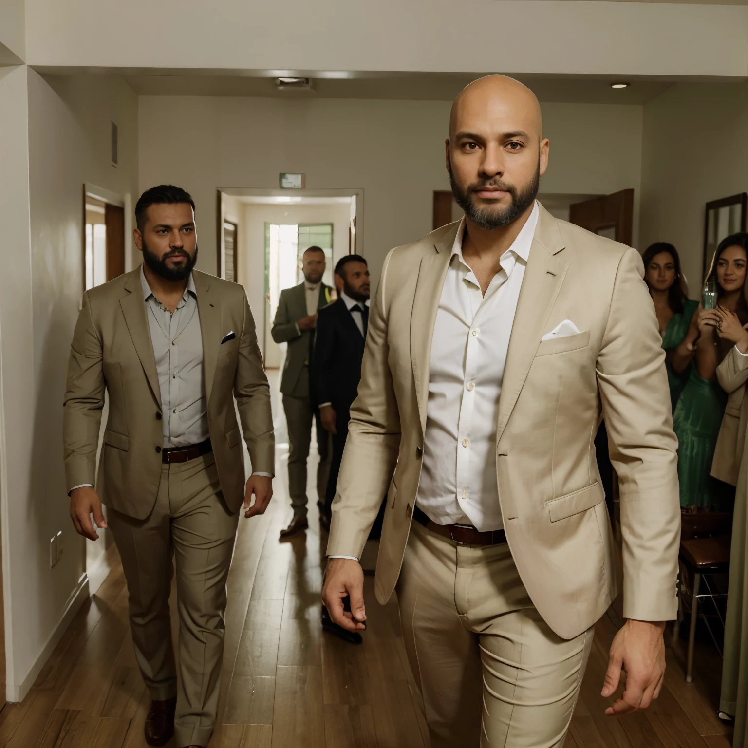 melhor qualidade, casal no dia do casamento, noiva de pele parda, olhos pequenos e cabelo cacheado, bald man with beard in blazer and beige pants, camisa branca e gravata verde oliva.