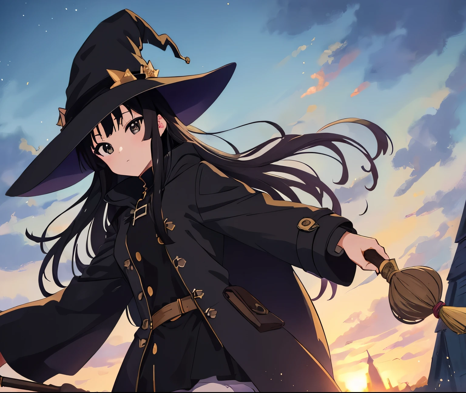 ((masterpiece)), (high details), (high quality), (best quality), (highres),eyes detail,1 girl, anime moe artstyle, anime best girl, in the anime film, K-On!,Akiyama Mio, black hair ,long hair, (grey eyes), ((holding staff)), (magician witch),((wear black coat)),hat,anime countryside landscape background,beautiful anime scenery,galaxy sky,(evening time),cowboy shot, from below, Nikon filter