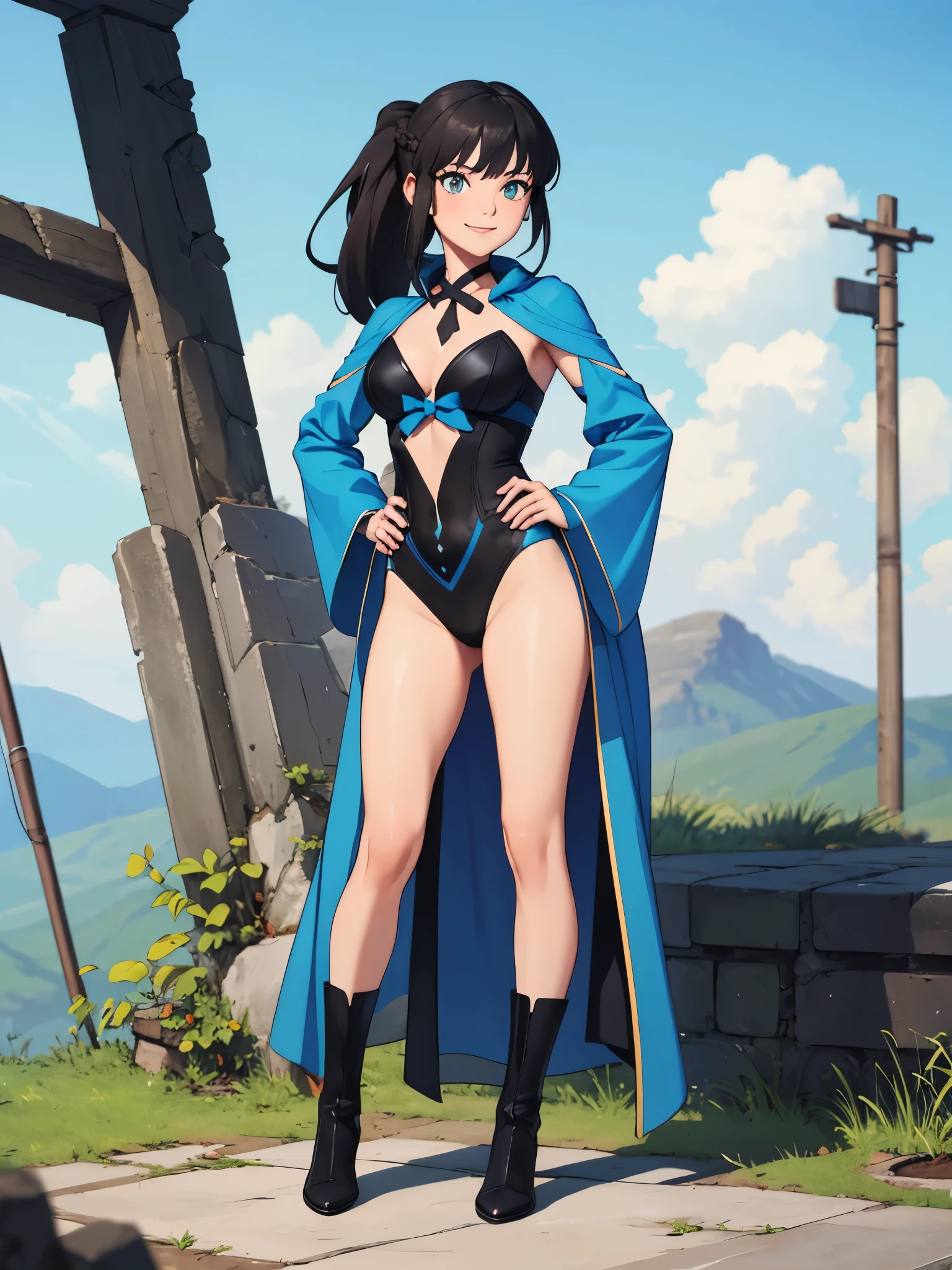 (masterpiece, best quality:1.2), solo, 1girl, morgan le fay, smile, looking at viewer, black hair, braid, ponytail, hair bow, green eyes, supervillain, magician, black tuxedo, blue leotard, bare legs, boots, standing, solo focus, hands on hip, full body shot, mature lady, scotland backdrop, ultra highres, absurdres, beautiful face, detailed eyes, symmetric eyes