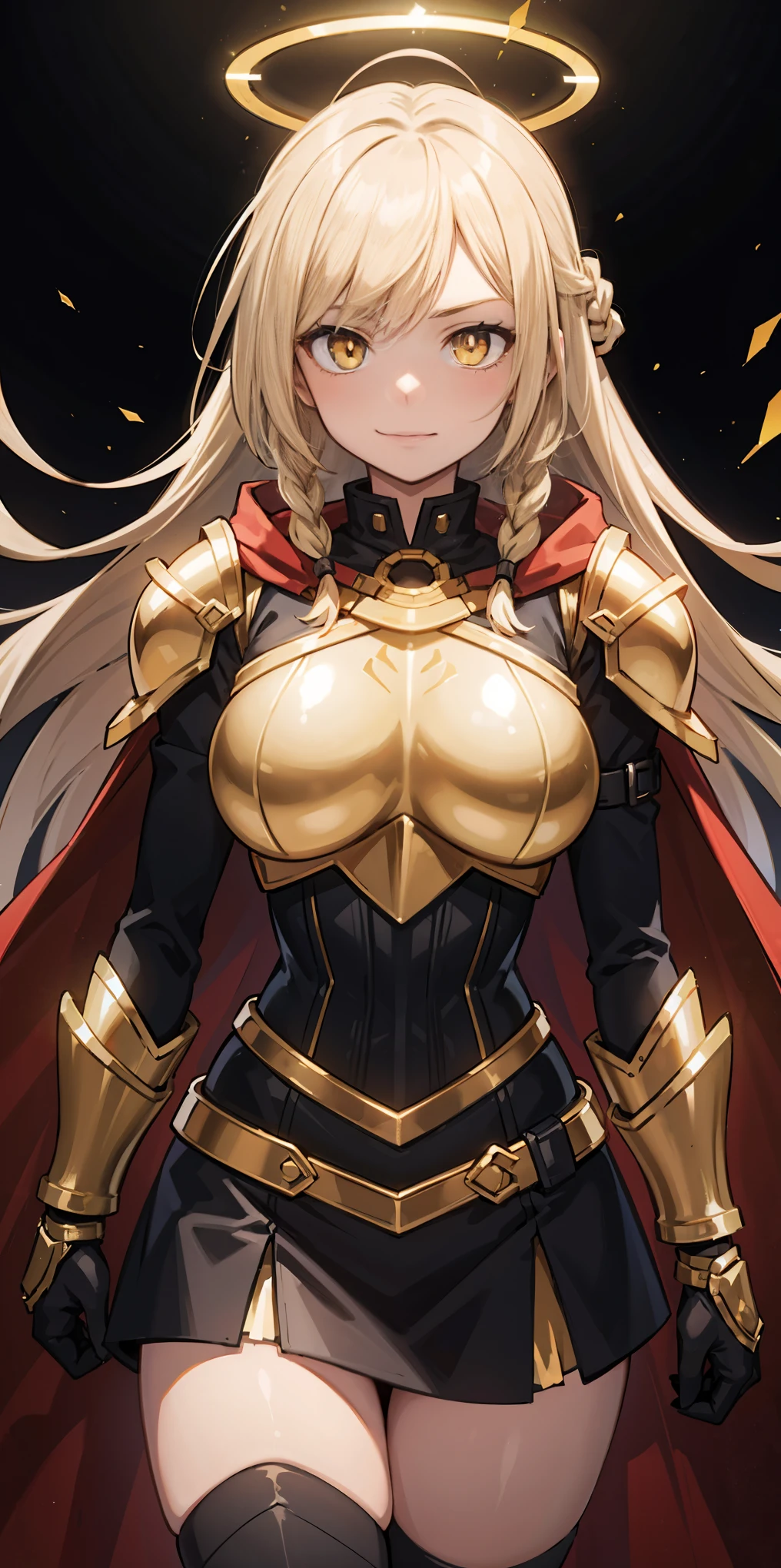 1girl, golden armor, black collar, pauldrons, breastplate, corset, glowing halo, single braid, blonde, yellow glowing eyes, bright pupils, eye focus, red cape, 