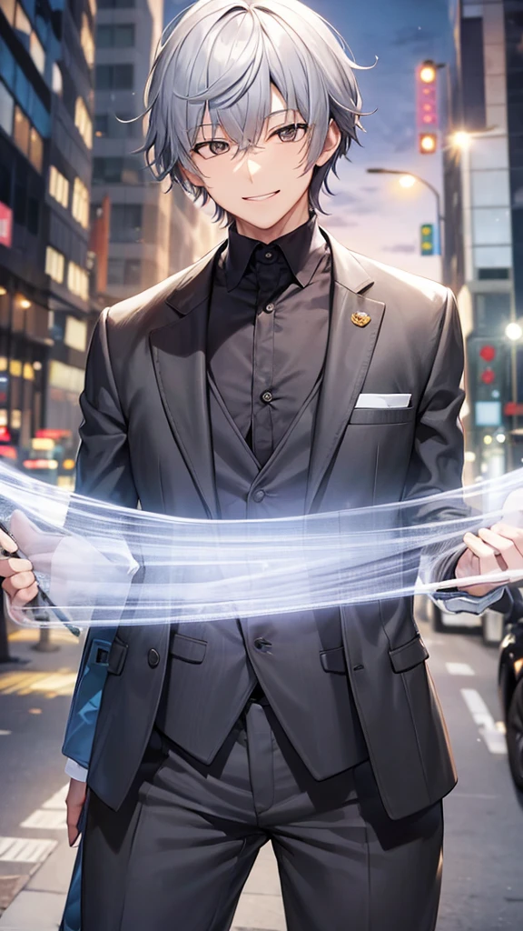 man business suit gray hair detective smile