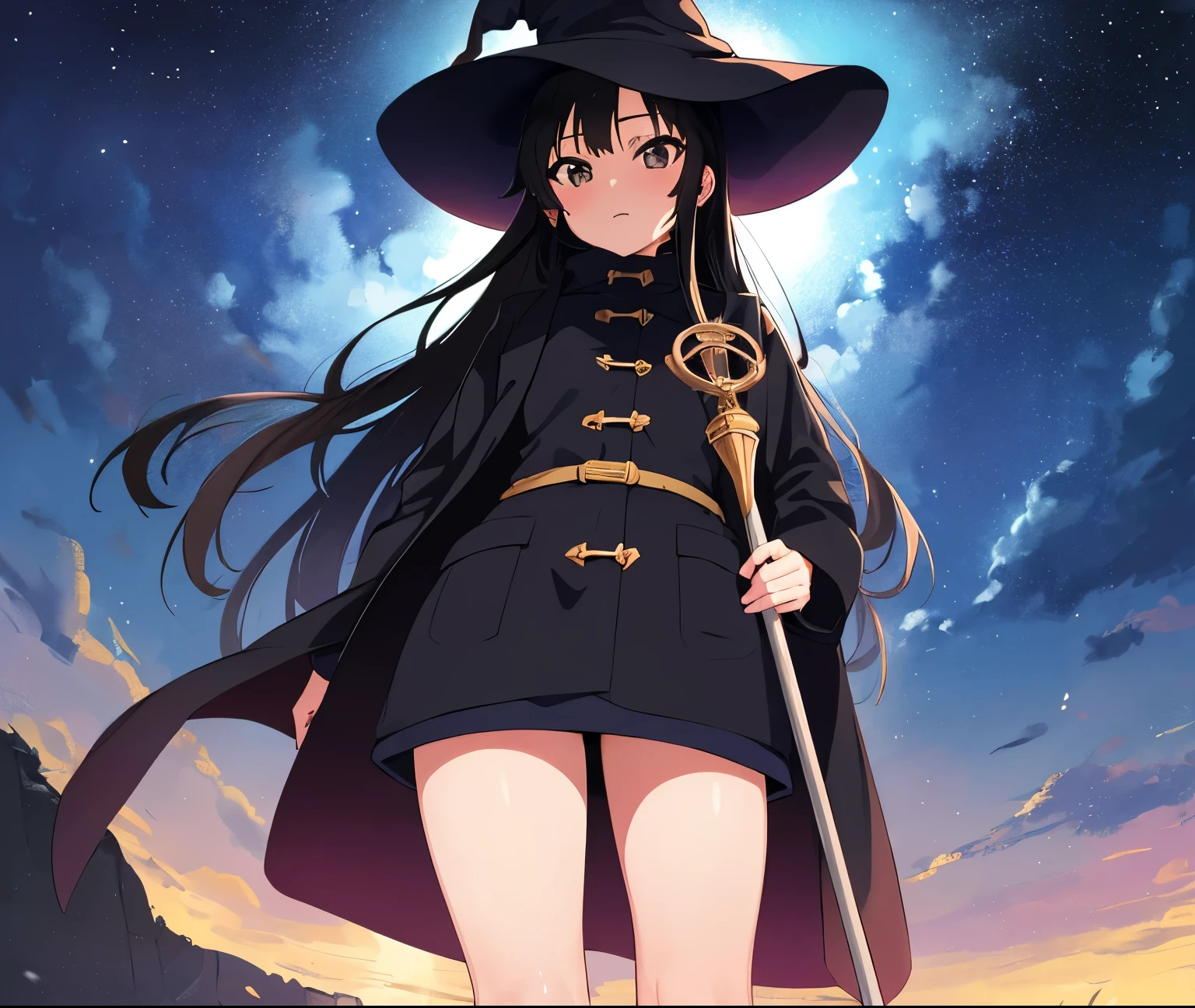 ((masterpiece)), (high details), (high quality), (best quality), (highres),eyes detail,1 girl, anime moe artstyle, anime best girl, in the anime film, K-On!,Akiyama Mio, black hair ,long hair, (grey eyes), ((holding staff)), (magician witch),((wear black coat)),hat,anime countryside landscape background,beautiful anime scenery,galaxy sky,(evening time),cowboy shot, from below, Nikon filter