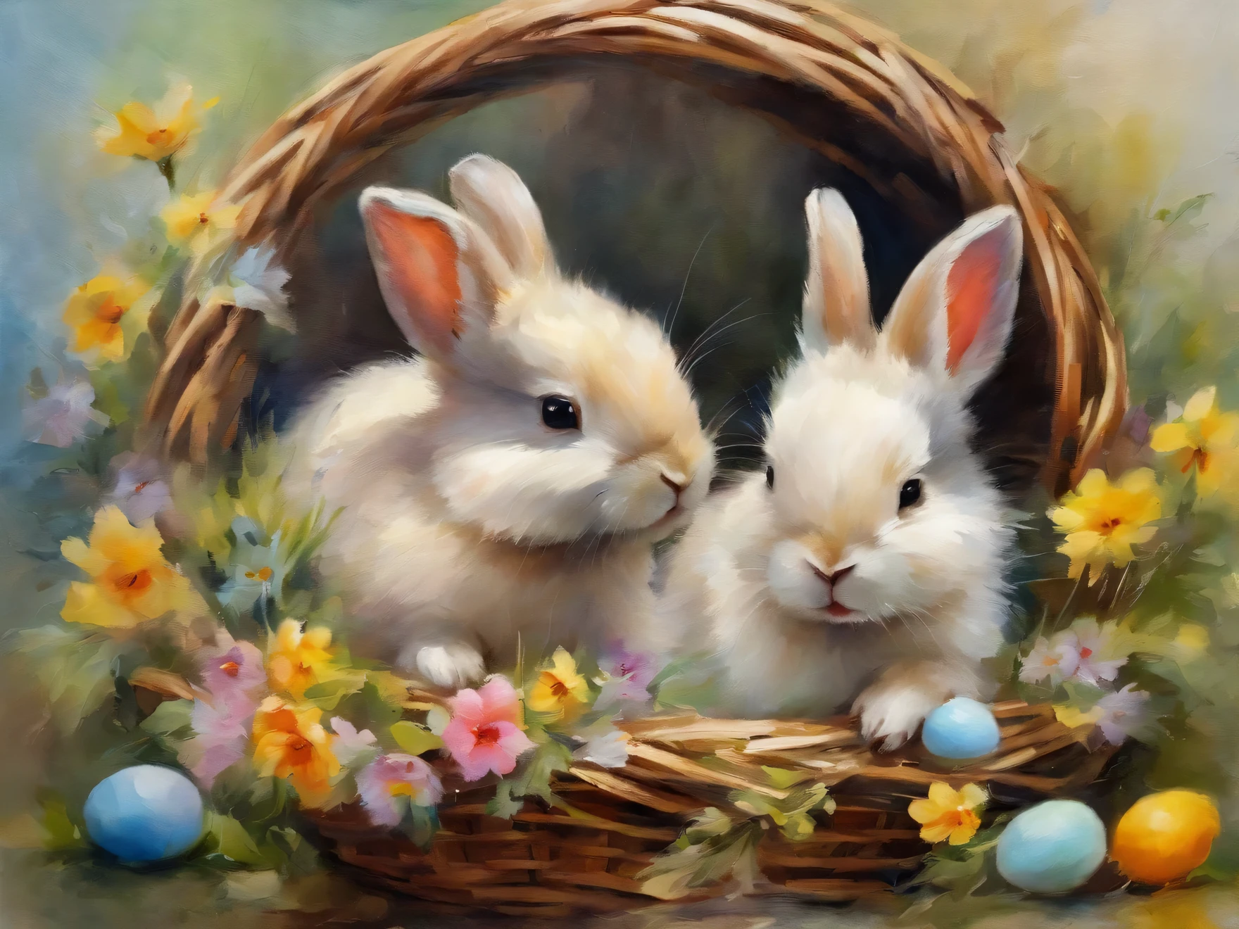2 little small bunnies inside a wooden basket with easter eggs and flowers in an easter art holiday atmosphere, watercolor art, masterpiece, soft bright colors, soft light, easter holiday decor, 8K, detailed, highest quality artwork