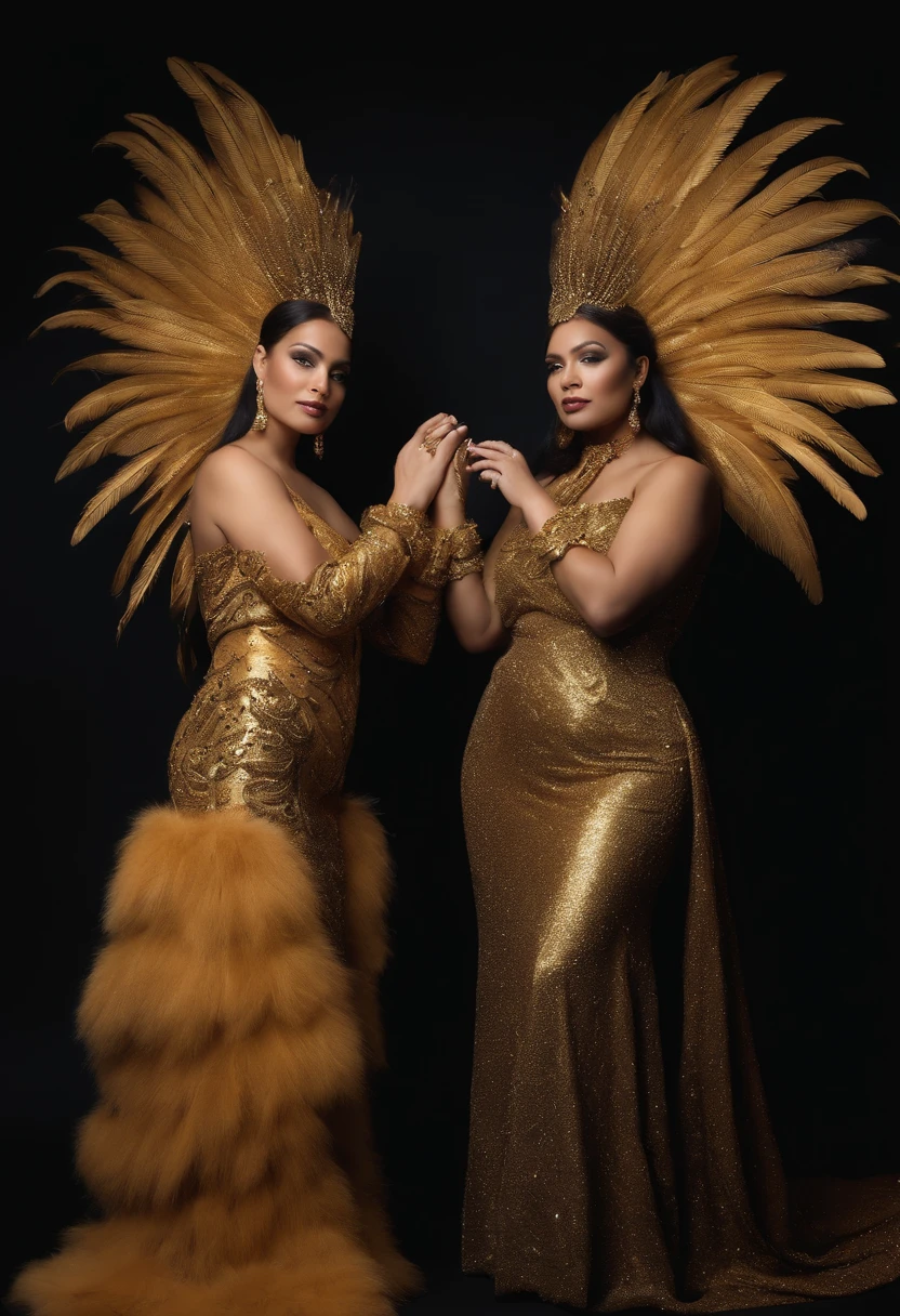 The image features two women in elaborate gold and feather costumes, standing side by side against a black background. They have matching outfits and pose with their hands together.