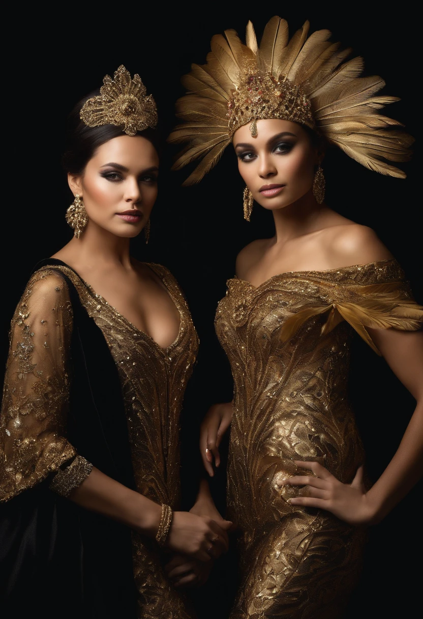 The image features two women in elaborate gold and feather costumes, standing side by side against a black background. They have matching outfits and pose with their hands together.