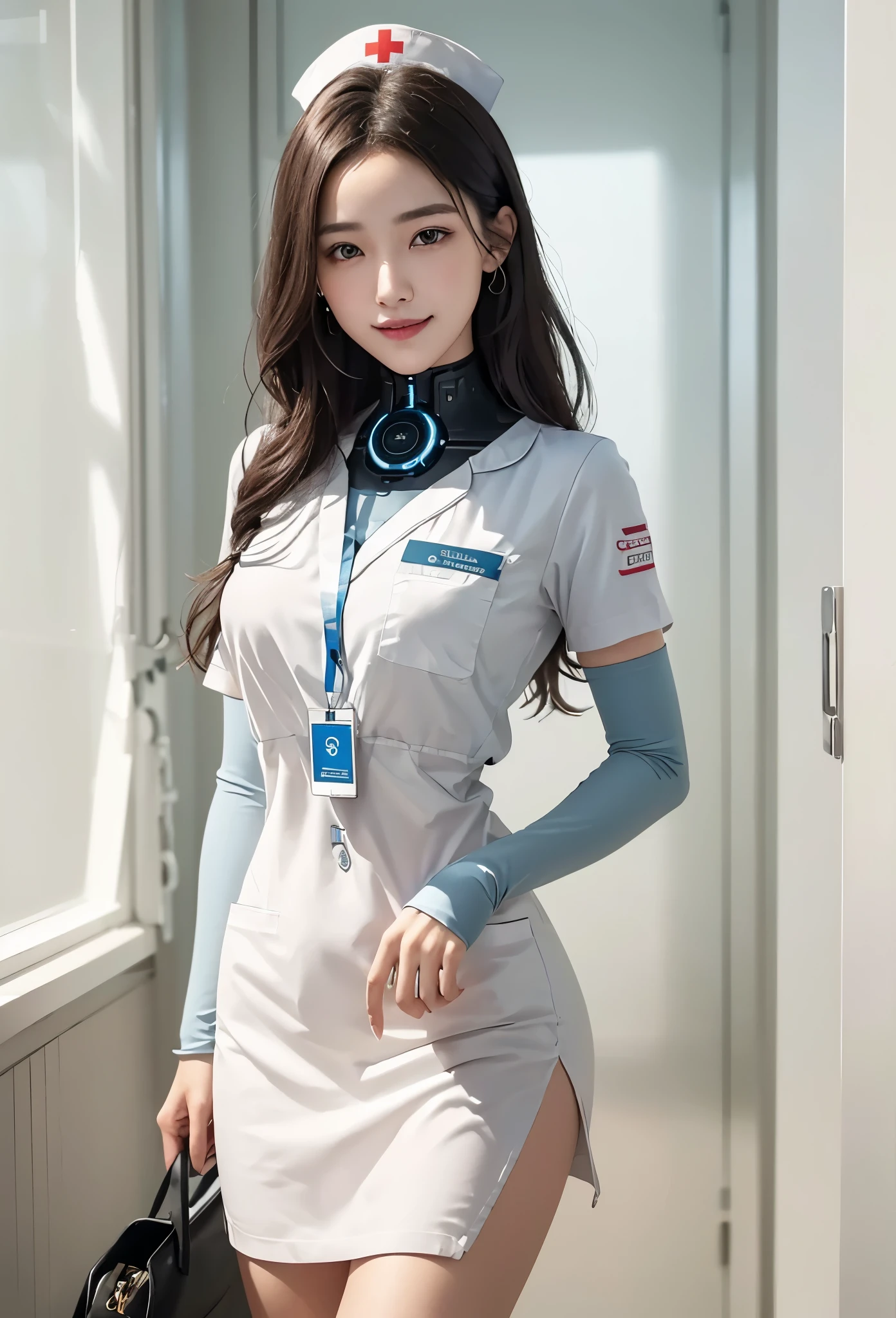 《The role of artificial intelligence》。（（（Virtual character design：heart doctor。Miss，20 years old，white short hair，Exquisite facial features，beautiful make up，Skin details，Smile，waist，elegant posture）））。（（White nurse's uniform））。((Super realistic details)), Red glowing heart decoration，illumination, light and shadow, octane rendering, 8k, super sharp,complicated, Accessory details,atmosphere