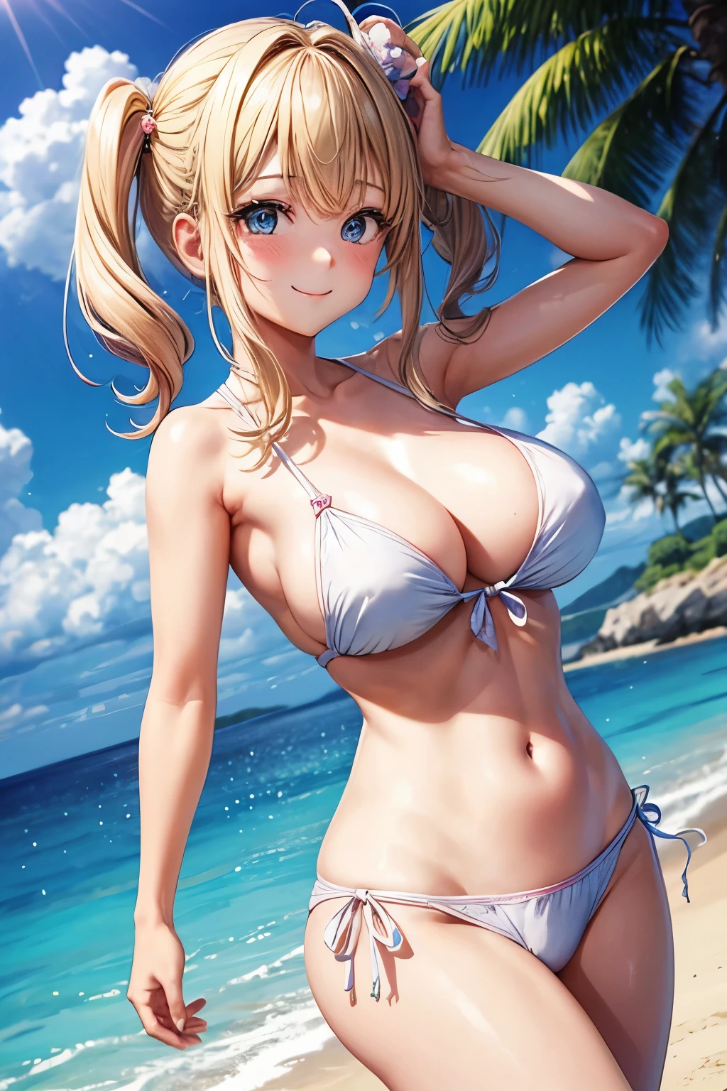 1 girl、one person、whole body、swimsuit、Rear view、(random hairstyle:1.2)、超be familiar withな顔、be familiar with、double eyelid、(casual hairstyles、big breasts:)、soft chest、blonde、smile
