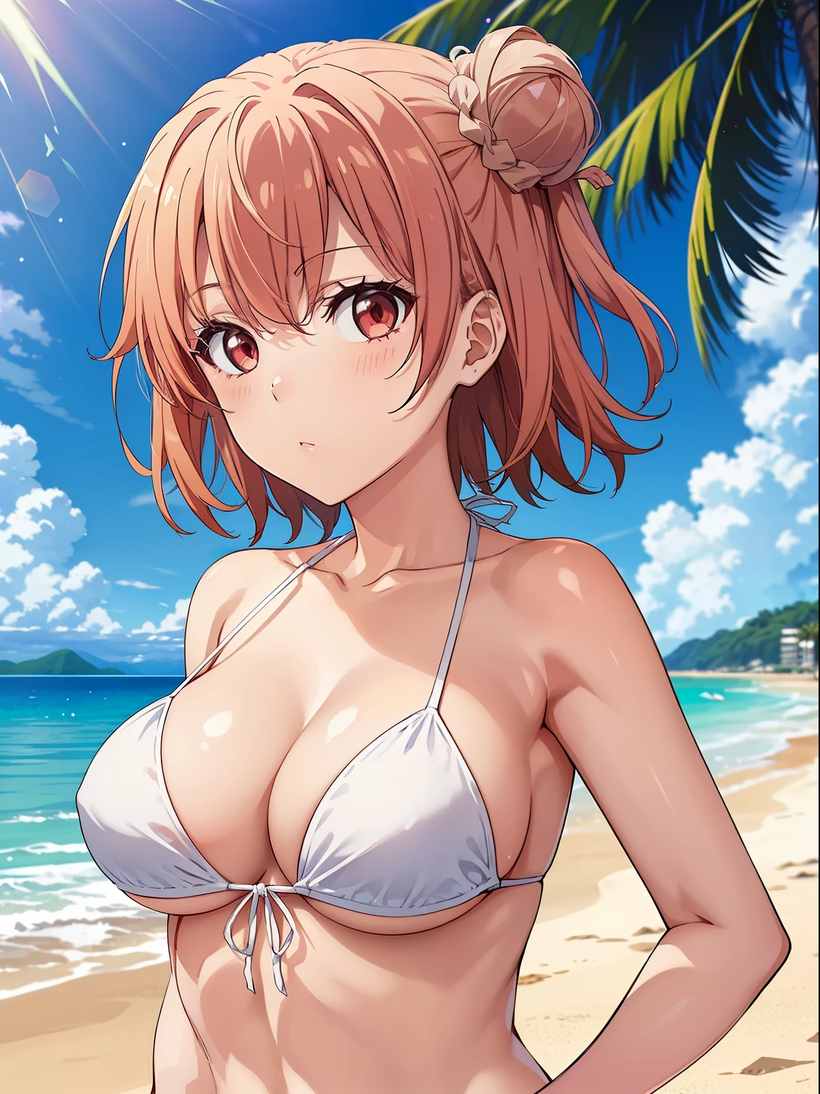 ((highest quality, High resolution, perfect pixel, Depth of bounds written, 4K)), 1 girl, beautiful anime girl,
close, looking at the viewer,
perfect body,
Yuigahama Yui, bun hair, short hair, big breasts,
white micro bikini,
pout,
beach, sunlight,
Upper body,