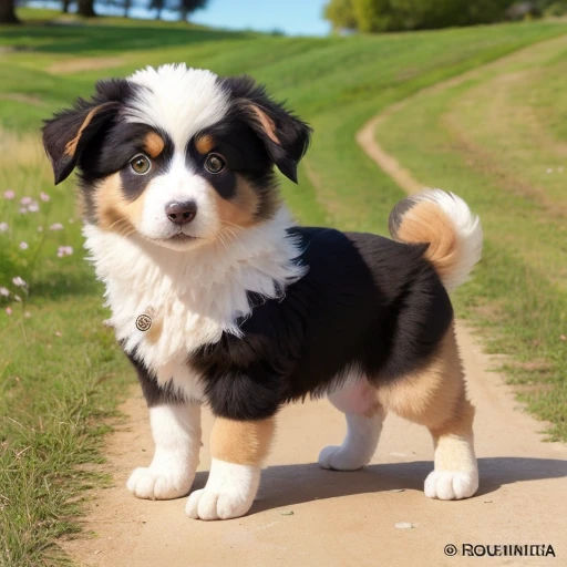 Baby collie or border collie, Golden Retriever, ((usando roupas da Personagem Jeannie é um gênio)),