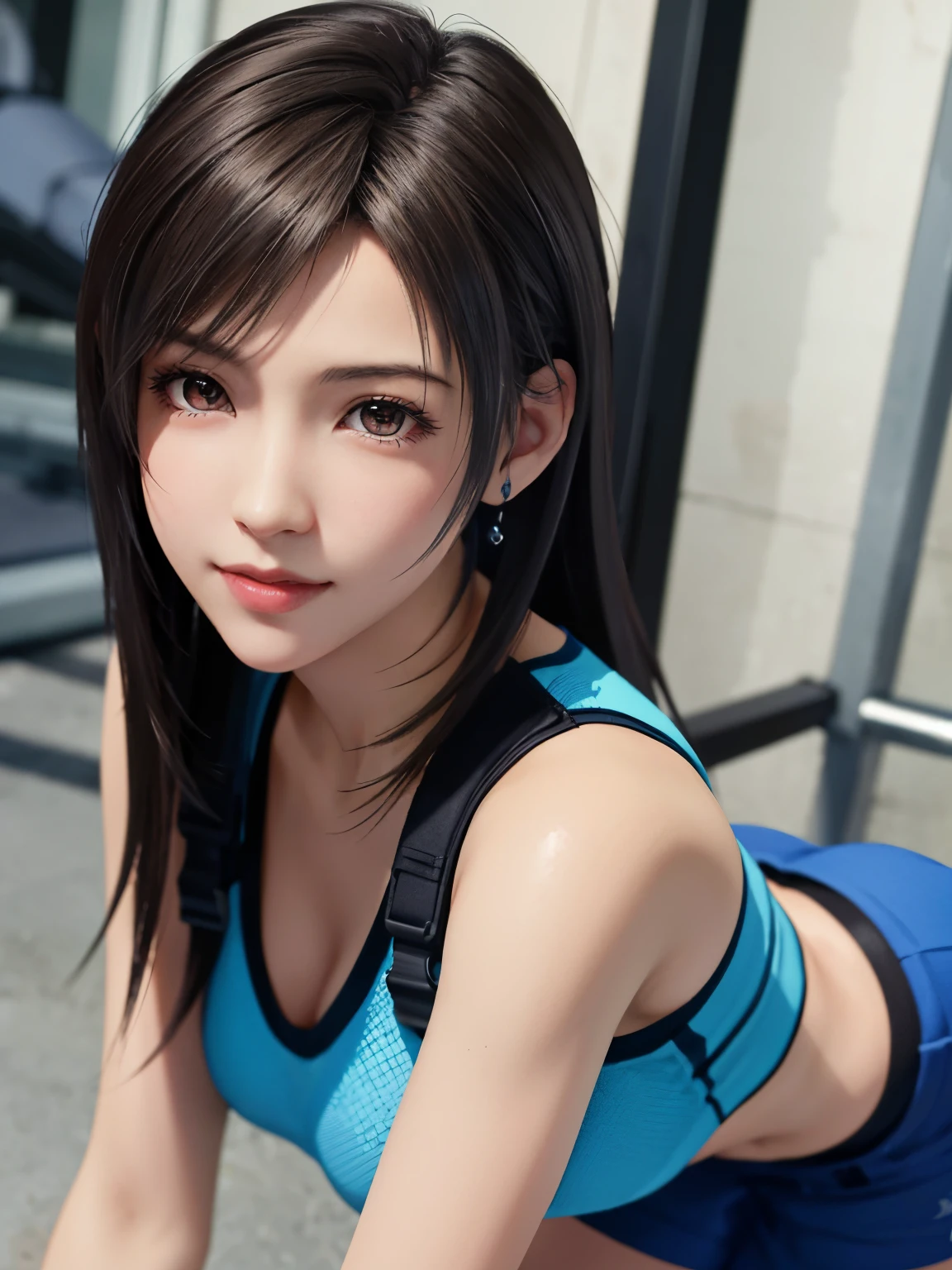 (top quality, masutepiece: 1.1), (Realistic: 1.3), BREAK (((FF7,Tifa_lockhart))),(solo,Tifa:1.2),(japanese ,blue short pants ,blue sport bra:1.2) ,(gym, indoor),(sexy pose:1.3),Ultra-detailed face, Detailed eyes,Red eyes, BREAK (((FF7,Tifa_lockhart))),(light brown hair, Large breasts: 1.0), BREAK (Small and beautiful hard nipple) About 18 years old,kawaii,happy smile:1.1,zettai_ryouiki:1.1,flying sweatdrops