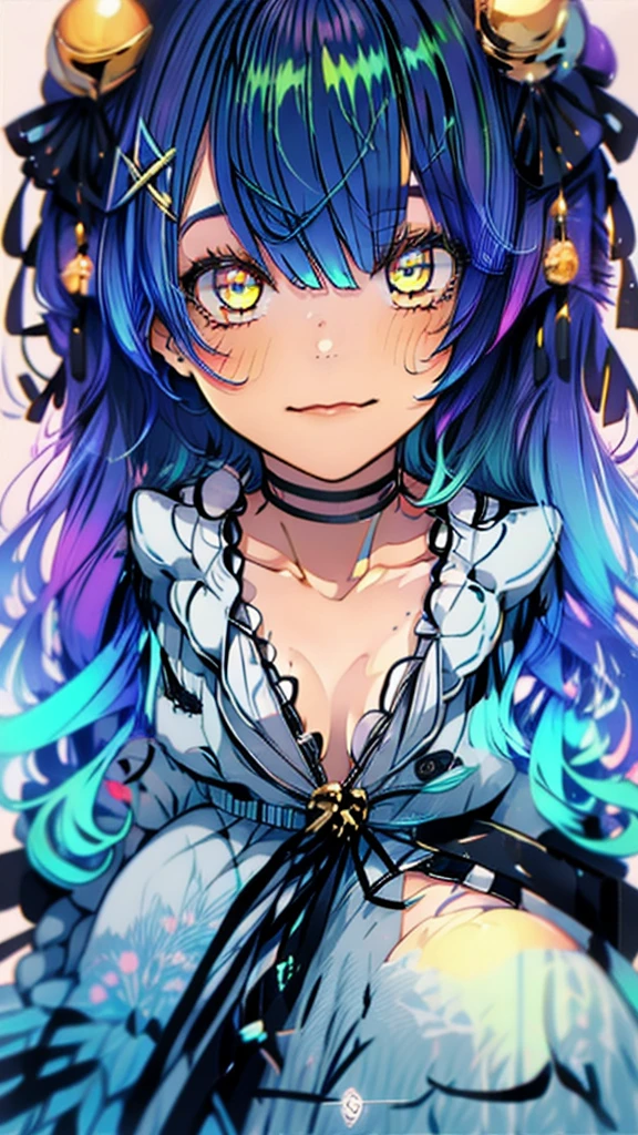 (top-quality, ultra-detailliert,:1.3),shiny skin,beautiful face,beautiful skin,beautiful,amamiya kokoro,blue hair,two side up,yellow eyes,(shining eyes:1.1),cowboy shot,
