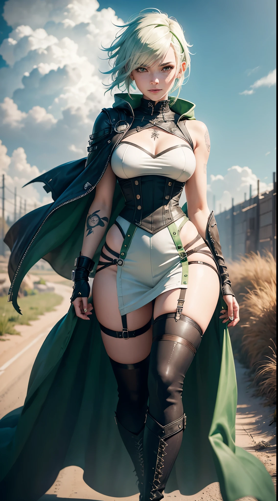 gwen tennyson,1girl,yorha 2b,tracer,claire farron, overwatch,atelier ryza,close up,winter meadow view,tattoos,green and white plugsuit,white short sleeve punk top,short sleeve punk jacket,lycra leggings,harness corset,short punk hair,punk makeup,green eyes,multicolored silver hair,long dress train,fierce smile,freckles,beautiful girl,thigh high punk boots,large breasts,8k,ultra detailed,realistic,fantasy art,punk uniform,hair pin,ear piercings,crystal hand and neck jewelry,(weather:windy),long green cloak,holding a dagger on each hand,(pose:ready to attack),