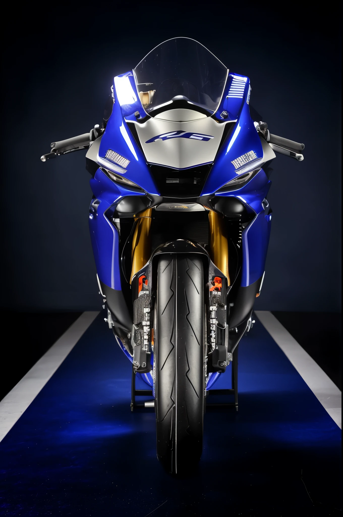 arafed view of a blue motorcycle parked on a blue carpet, front perspective, extremely detailed frontal angle, cinematic front shot, closeup shot, front on, front shot, front facing shot, wide frontal view, front profile shot, hyper realistic ”, hyper realistic”, front facing, frontshot, front profile, front view dramatic, r6, photographed