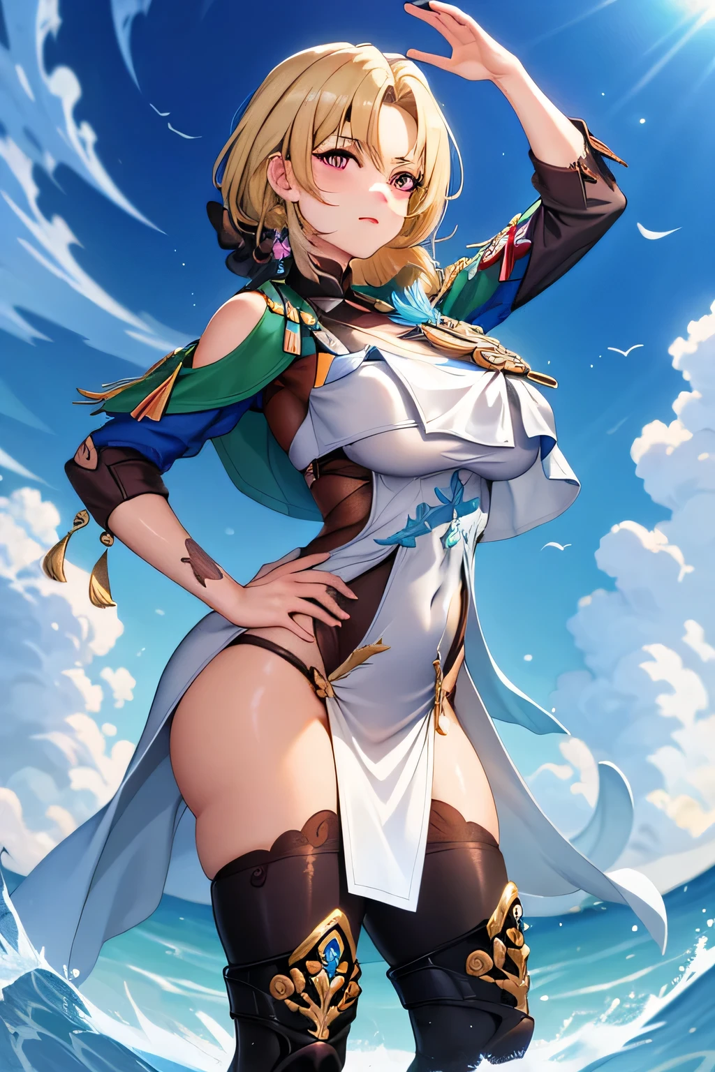 obra de arte, melhor qualidade, CocoliaV5, 1 garota, Sozinho, olhando para o espectador, coxas, luvas, joia, brincos, standing, corpo todo, botas, white luvas, capa, hand on hip, thigh botas, tiro de vaqueiro, ((Gelo)), ao ar livre,