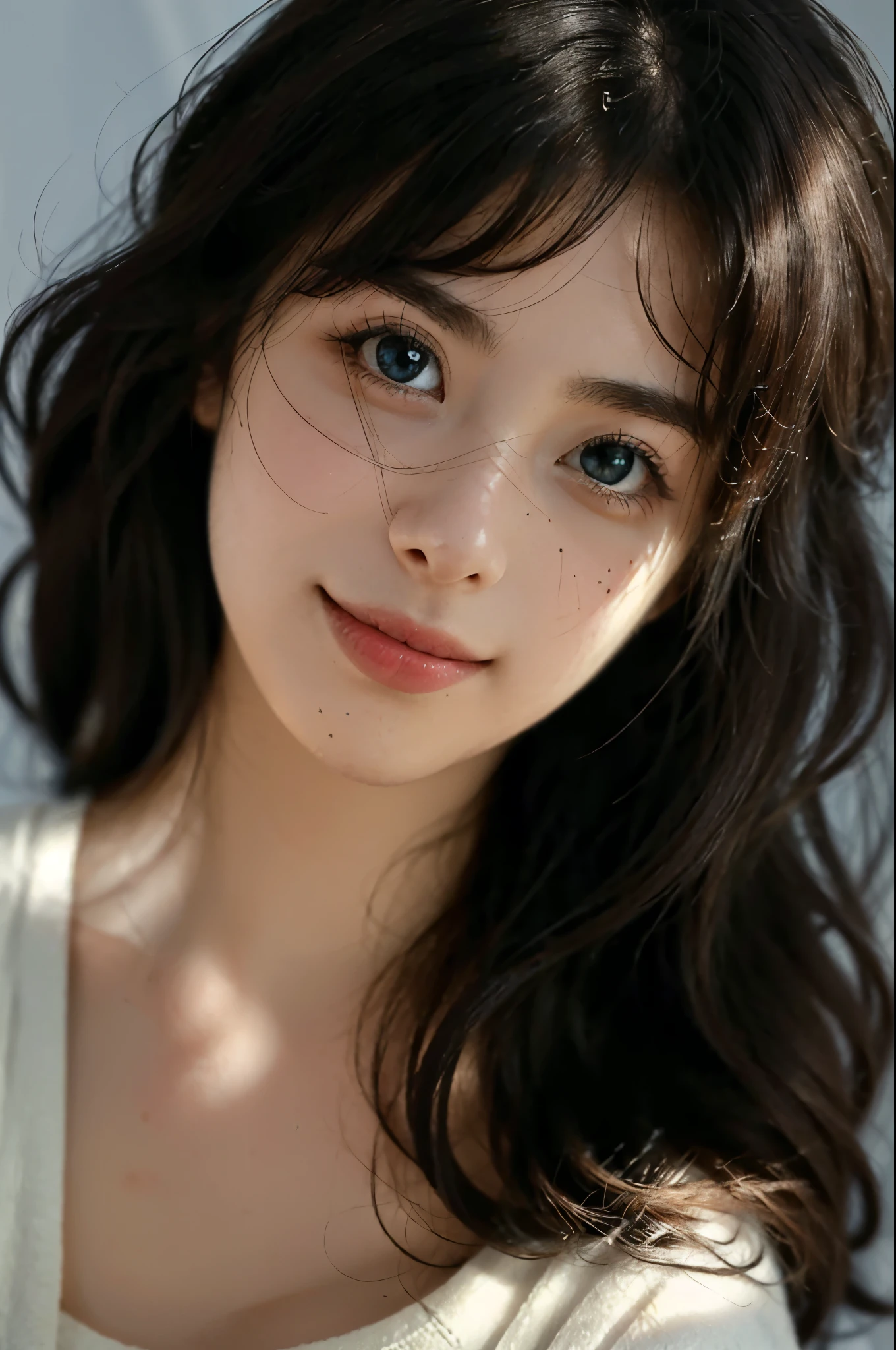 (best quality,4K,high resolution,masterpiece:1.4),Super detailed,Very detailed,sharp focus,surreal:1.4,professional, human development report,ultra high definition,bright colors,Bokeh,Beautiful and delicate eyes,Beautiful and delicate lips,long eyelashes,romantic atmosphere,soft light,Contrast light and shadow, Lighting effects,Lively and youthful,high nose bridge,black hair,girl,sunlight,smiling,Lovely,air bangs,Big breasts,Upper body close-up,Tight short-sleeved T-shirt,亚洲girl