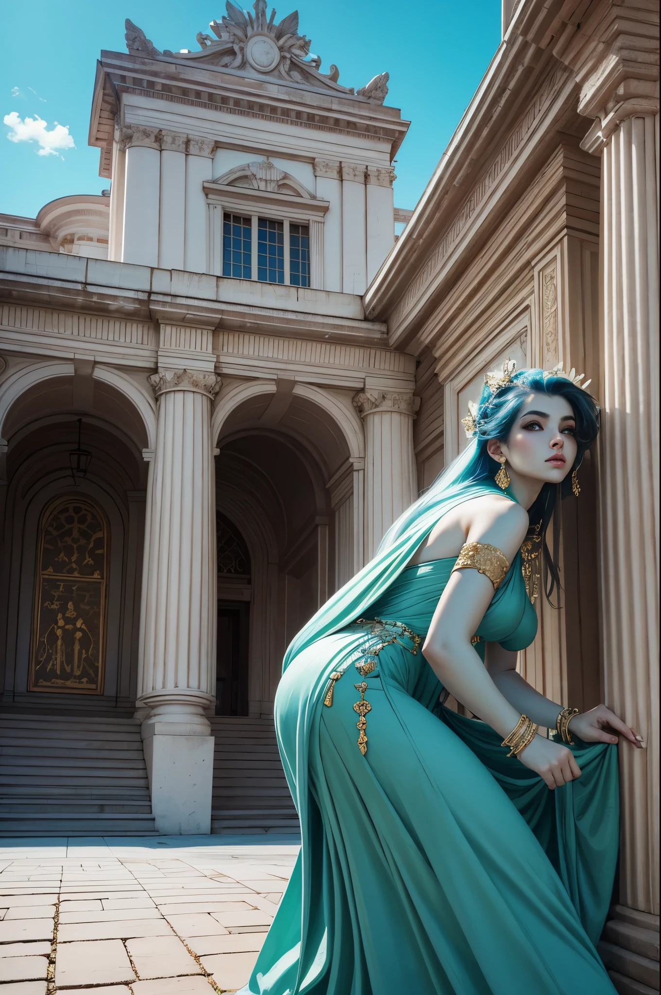medusa with snakes on her head in a garden with statues, naked with a loose furcoat, beautiful face, earrings,