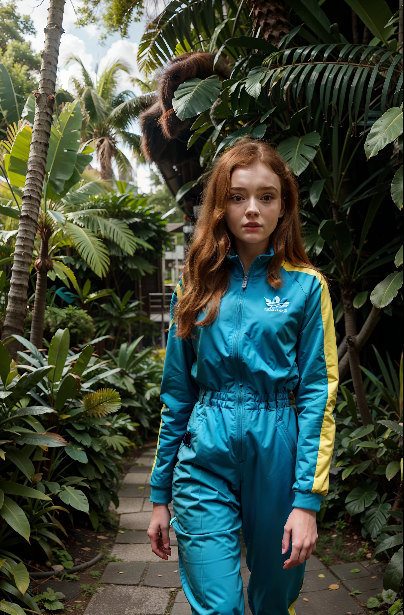 there is a woman in a blue and yellow suit walking down a path, sadie sink, wearing a track suit, with teal clothes, in flight suit, flight suit, chappie in an adidas track suit, wearing flight suit, wearing a tracksuit, teal suit, wearing human air force jumpsuit, ellie bamber fairy, wearing atompunk jumpsuit, portrait shot 8 k