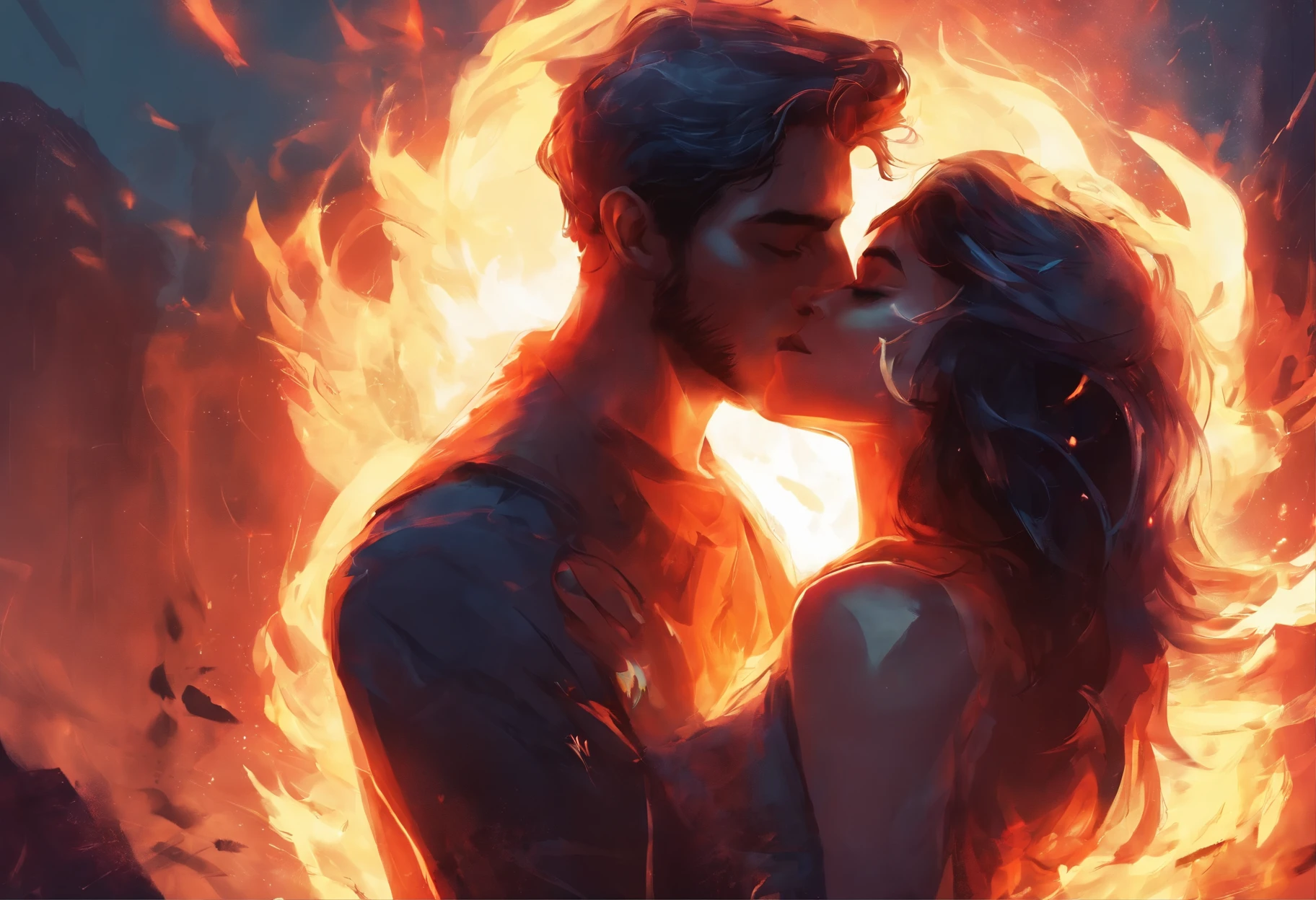 Guy and girl kissing, Passionate kiss, on fire, fantastic style, high quality skin and face texture, high detail, soft light