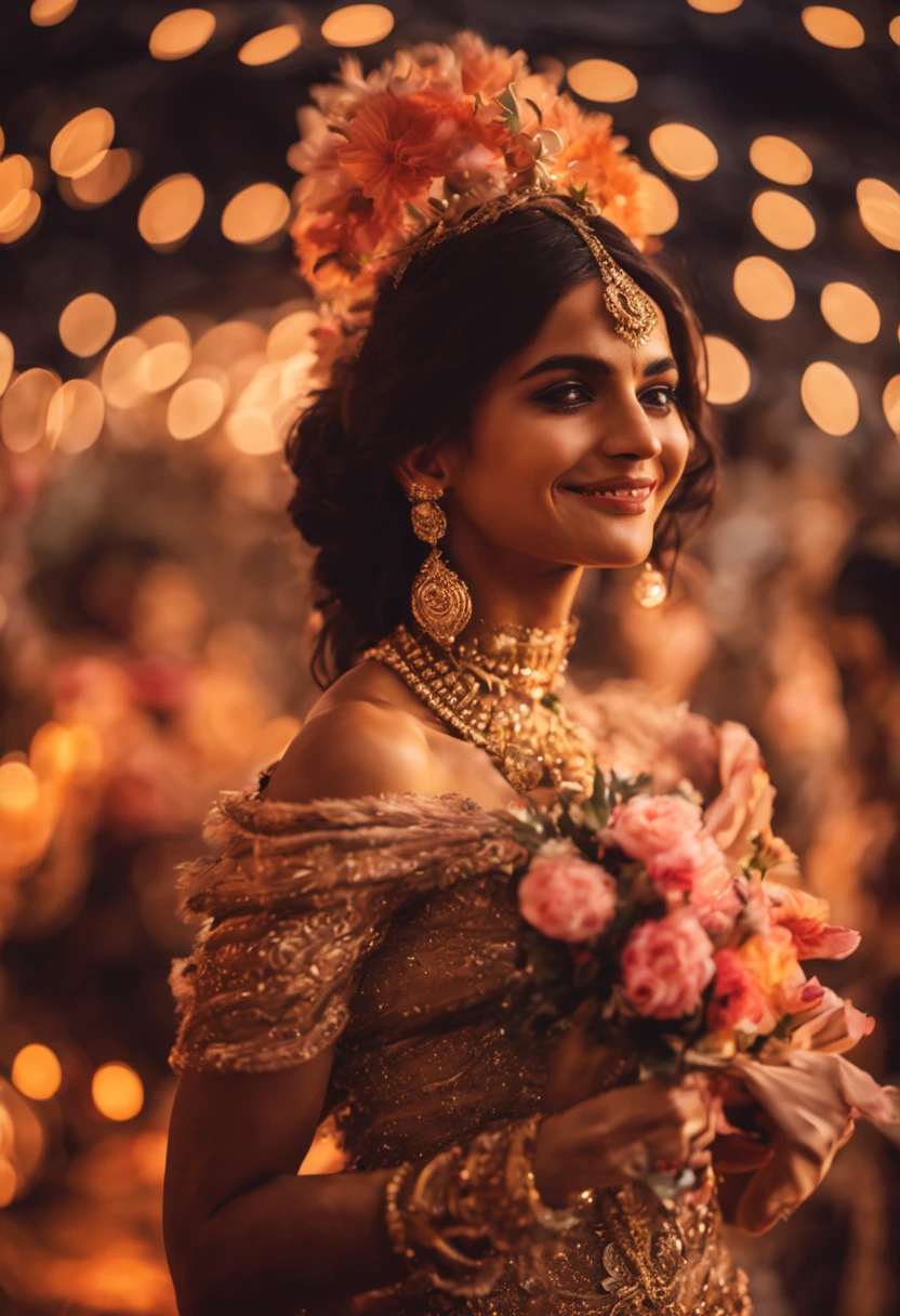 a beautiful indian girl living in london from past 10 years, wearing skin tight revealing gown with fur muffler carf and gloves, at a royal party at fort with flames and lights and flowers, smile, light smile, evil smile, blush, expressions, Surrealism, high detail, first-person view, blurry foreground, bokeh, UHD, retina, masterpiece, ccurate, anatomically correct, textured skin, super detail, high details, high details, high quality, award winning, best quality, highres, 8k