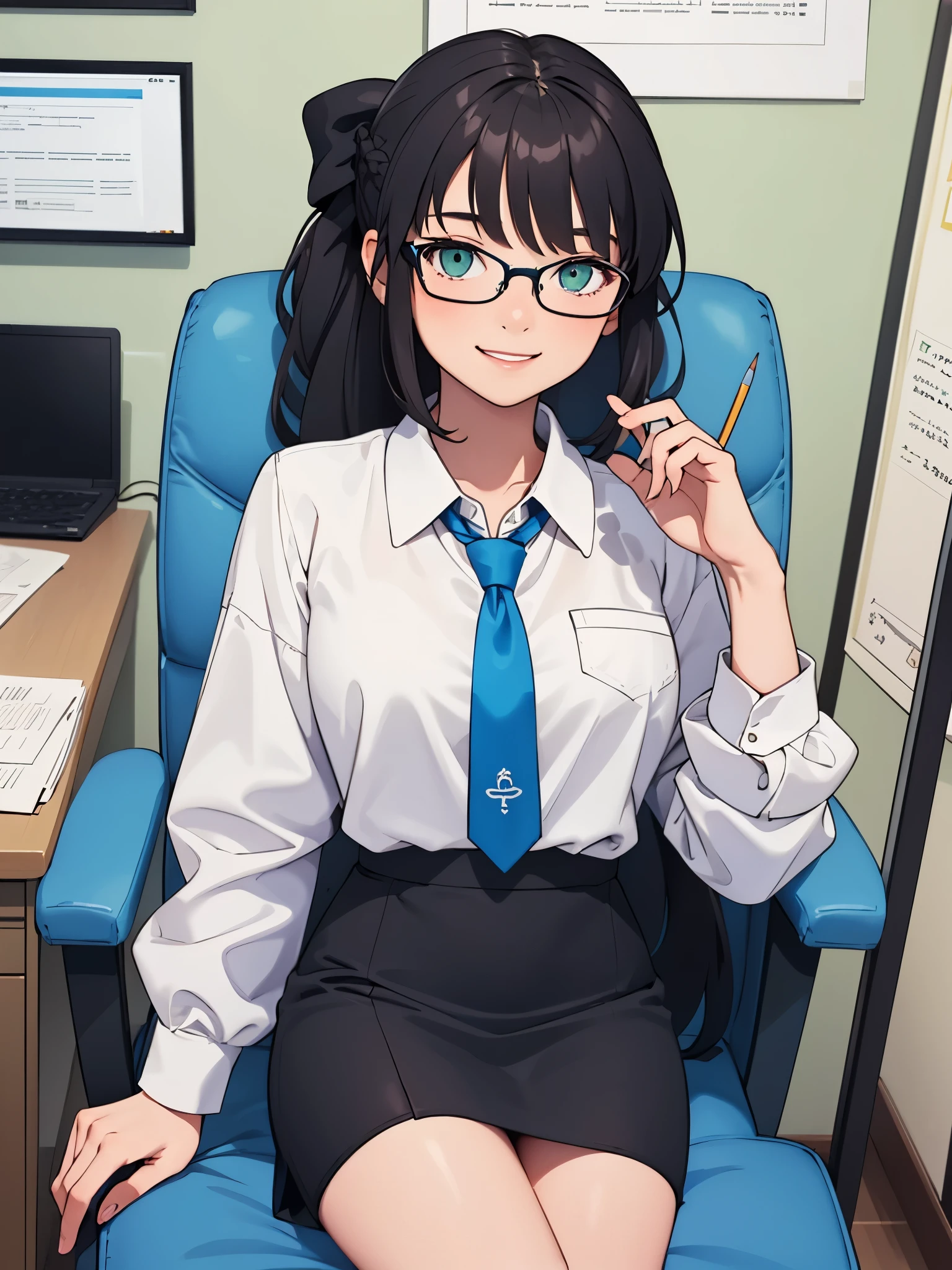 (masterpiece, best quality:1.2), solo, 1girl, morgan le fay, smile, looking at viewer, sitting in an office chair, black hair, braid, ponytail, hair bow, green eyes, glasses, collared shirt, blue necktie, long sleeves, pencil skirt