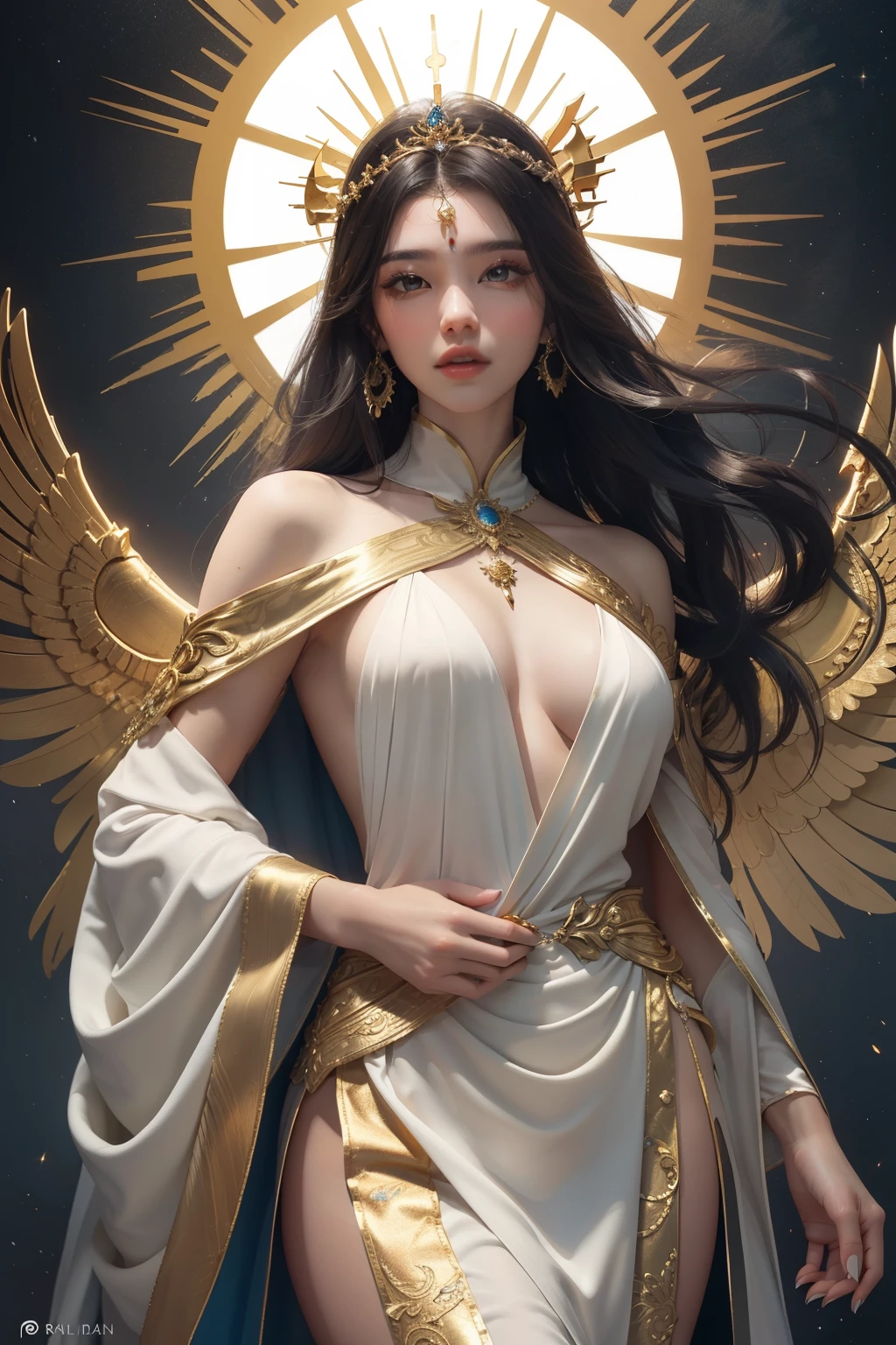 A painting of a woman wearing a white and gold gown and a crown, inspired by Wu Li, the winner of the CGSociety competition. It showcases a new artistic style, with a golden white robe and the image of a goddess of light, symbolizing the sun. She wears a golden halo, emitting a radiant golden glow. This artwork also resembles Guan Yin, a white and gold priestess robe, radiating a divine aura.