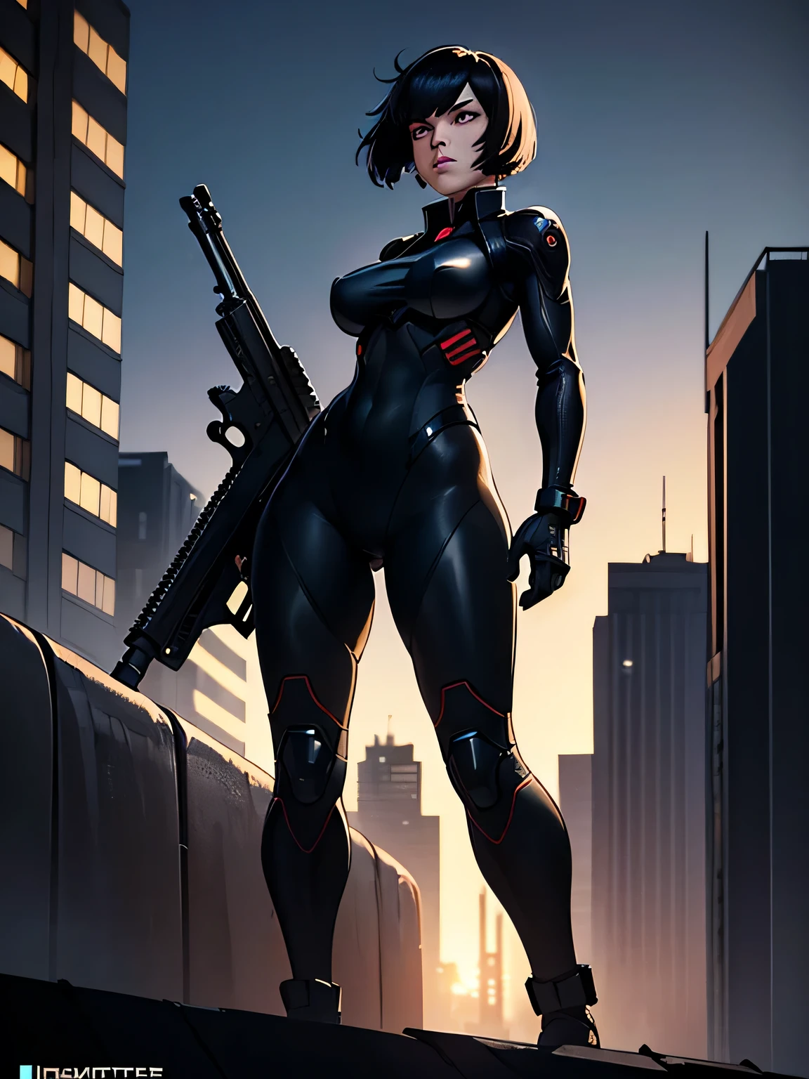 (mastrepiece:1.2,best quality,ultra detailed,powerful backlight:1.3,silhouette:1.45),, , //character, 1 solo Female  mercenary,Ghost in the Shell kusanagi motoko,One eye glowing red:1.2,Facial expression Murderous look,Looking down on the city.black lether  tight suit:1.2, hand holding an huge anti-tank rifle (Winchester Williams .50),Standing Pose,(looking up angle:1.35), , //back ground, in Rooftop of a building at night back ground:1.2,,8k,unrealengine5.unity.octanerender