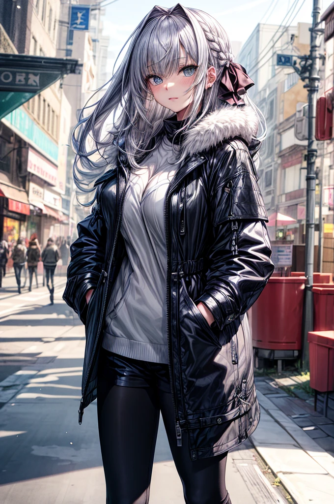 （Enrich the picture，Masterpiece level quality）Beautiful 8K CG artwork,1girl,solo,morgan le fay (fate),detailed face, perfect face, perfect eyes,blue eyes,Long Hair, pony tail,Very long hair, big boob, black bow,Hair Bow, thighs,side locks, French braid, grey hair,Slim and soft,big breasts,outdoors,